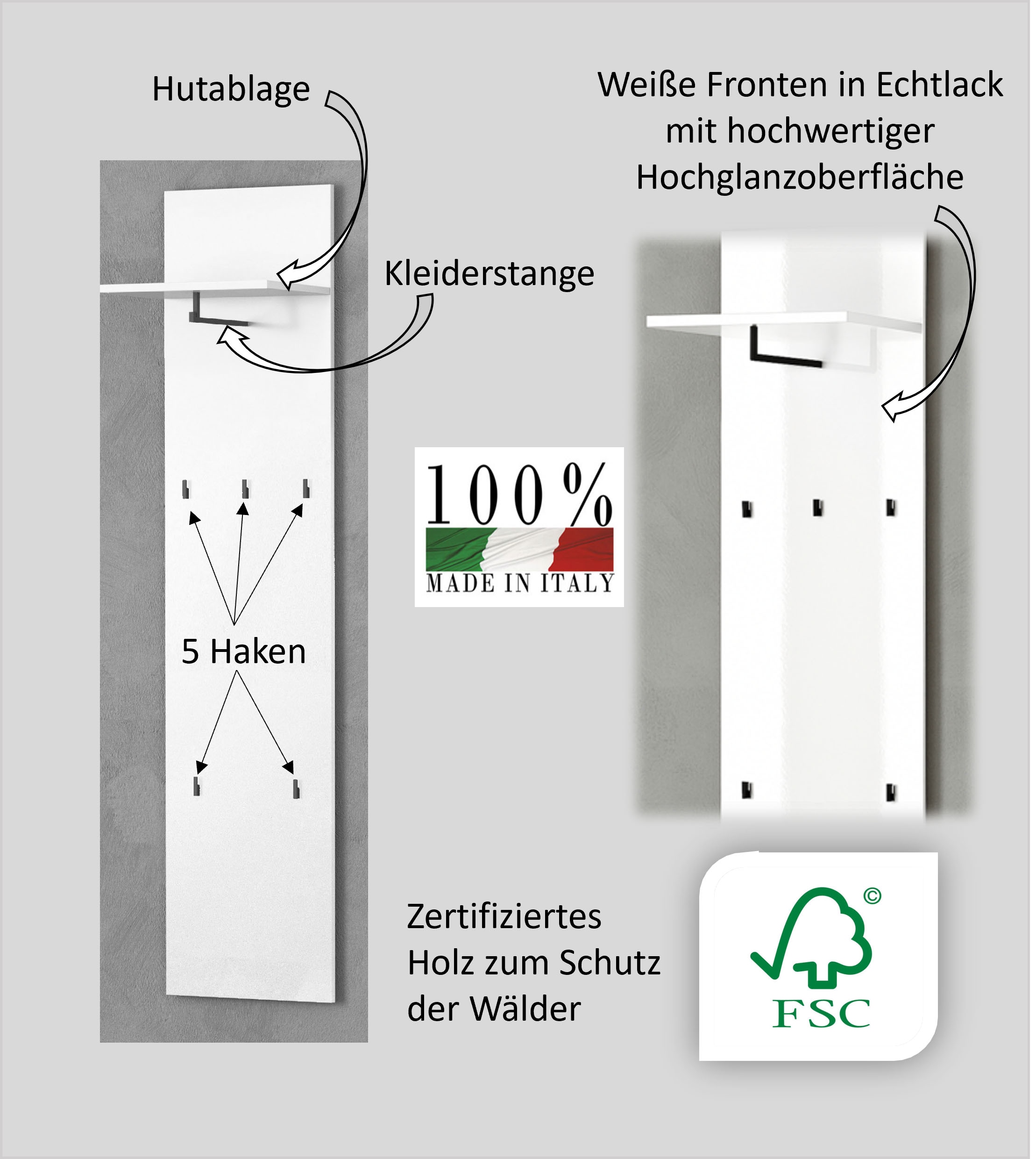 INOSIGN Garderobenpaneel »MISTER Wandpaneel mit 5 Haken, Kleiderstange und Hutablage,Wandmontage« 1 Stk. tlg. Hochglanz lackiert, Made in Italy, B/H: 40/170 cm