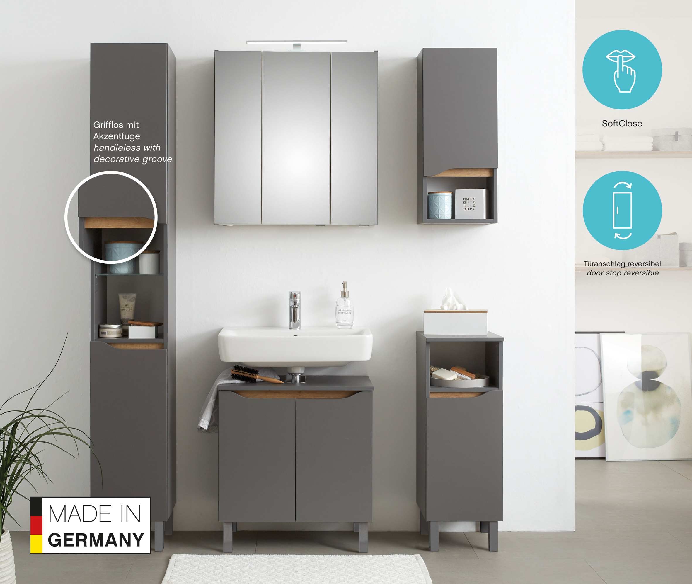 Saphir Hängeschrank »Quickset Wand-Badschrank 30 cm breit mit 1 Tür, 1 offenes Fach« Badezimmer-Hängeschrank inkl. Türdämpfer, grifflos