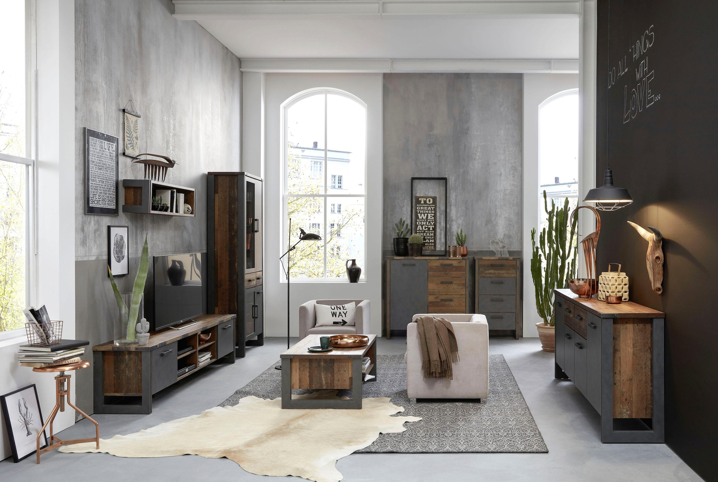 Home affaire Lowboard »Bristol«, Breiter Fernsehtisch im Industrial Style - Maße (B/T/H) 207/42/52 cm
