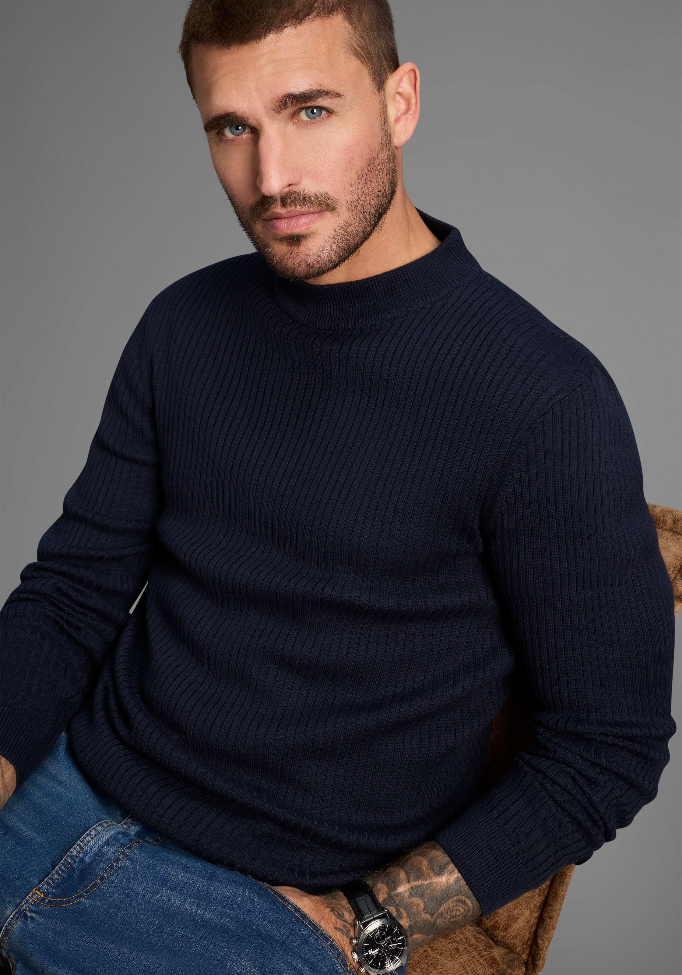 Bruno Banani Stehkragenpullover, in Rippstrickoptik