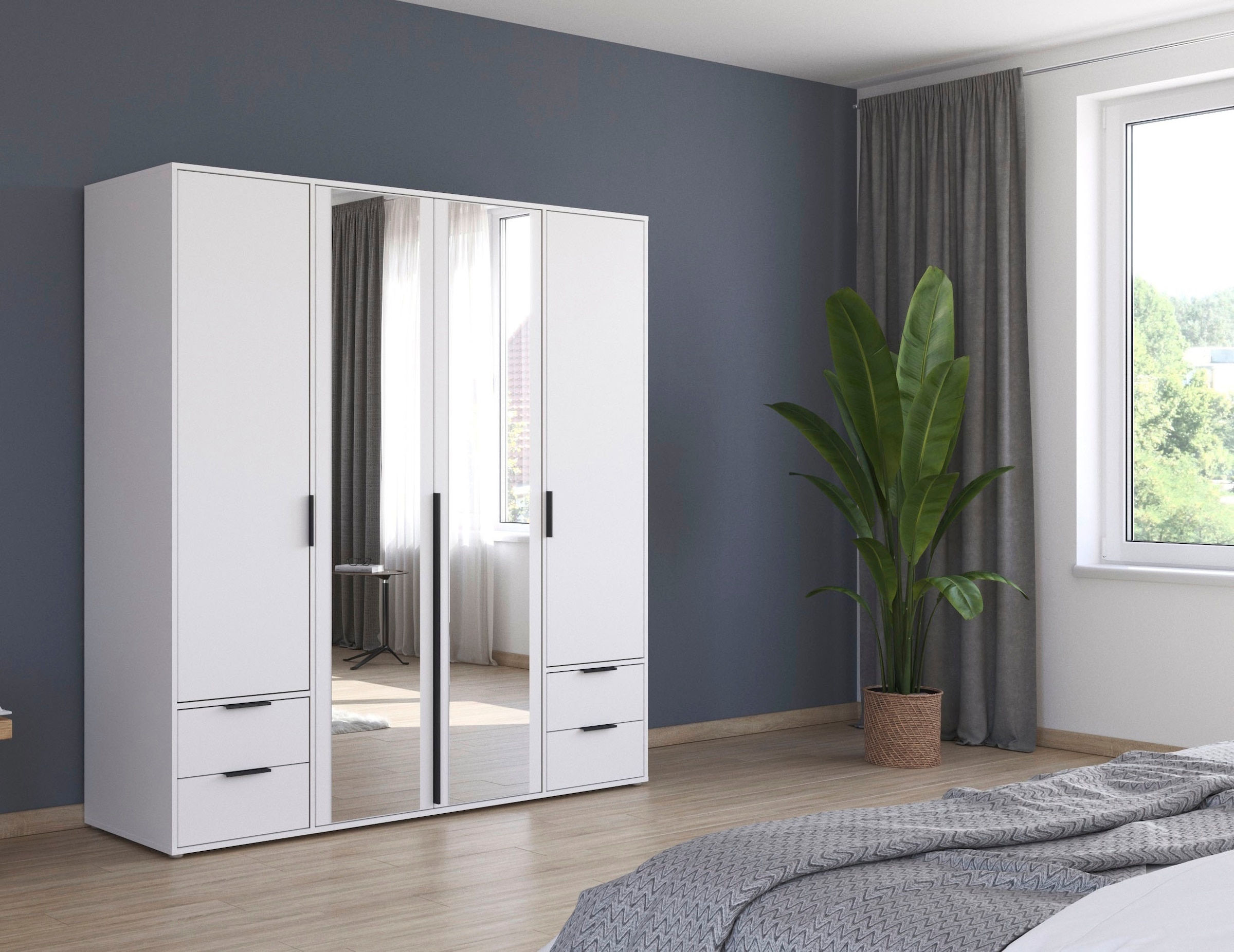 rauch Drehtürenschrank »Kleiderschrank Schrank Garderobe Wäscheschrank NAGATA mit Spiegel«, (in 3 verschiedenen Ausstattungen BASIC/CLASSIC/PREMIUM), und Schubladen sowie Stangengriffen TOPSELLER MADE IN GERMANY