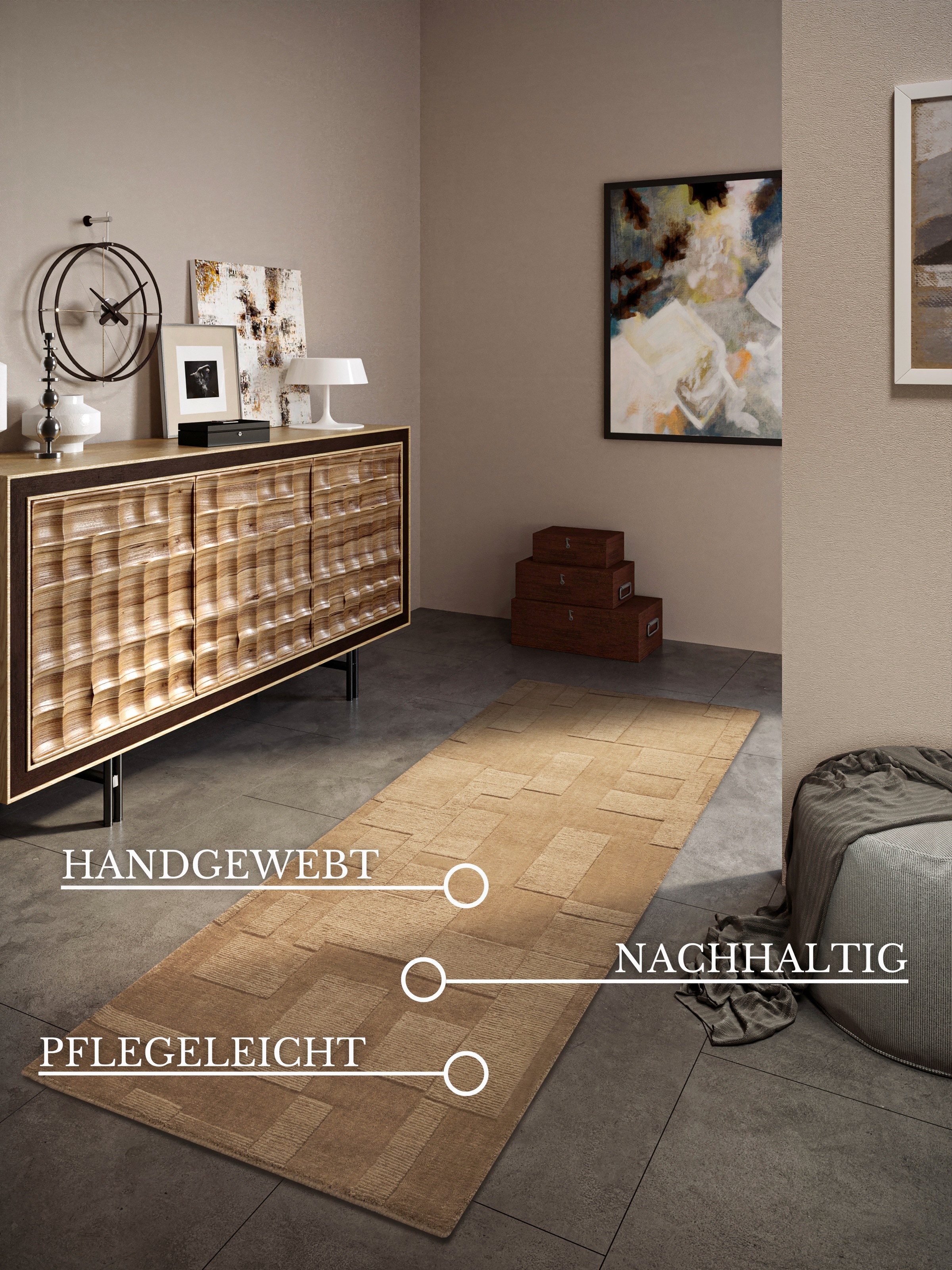 Villeroy & Boch Wollteppich »Wilhelmine«, rechteckig, 10 mm Höhe, Läufer, handgewebt, Wolle, Natur, Wohnzimmer, Geometrie, Boho