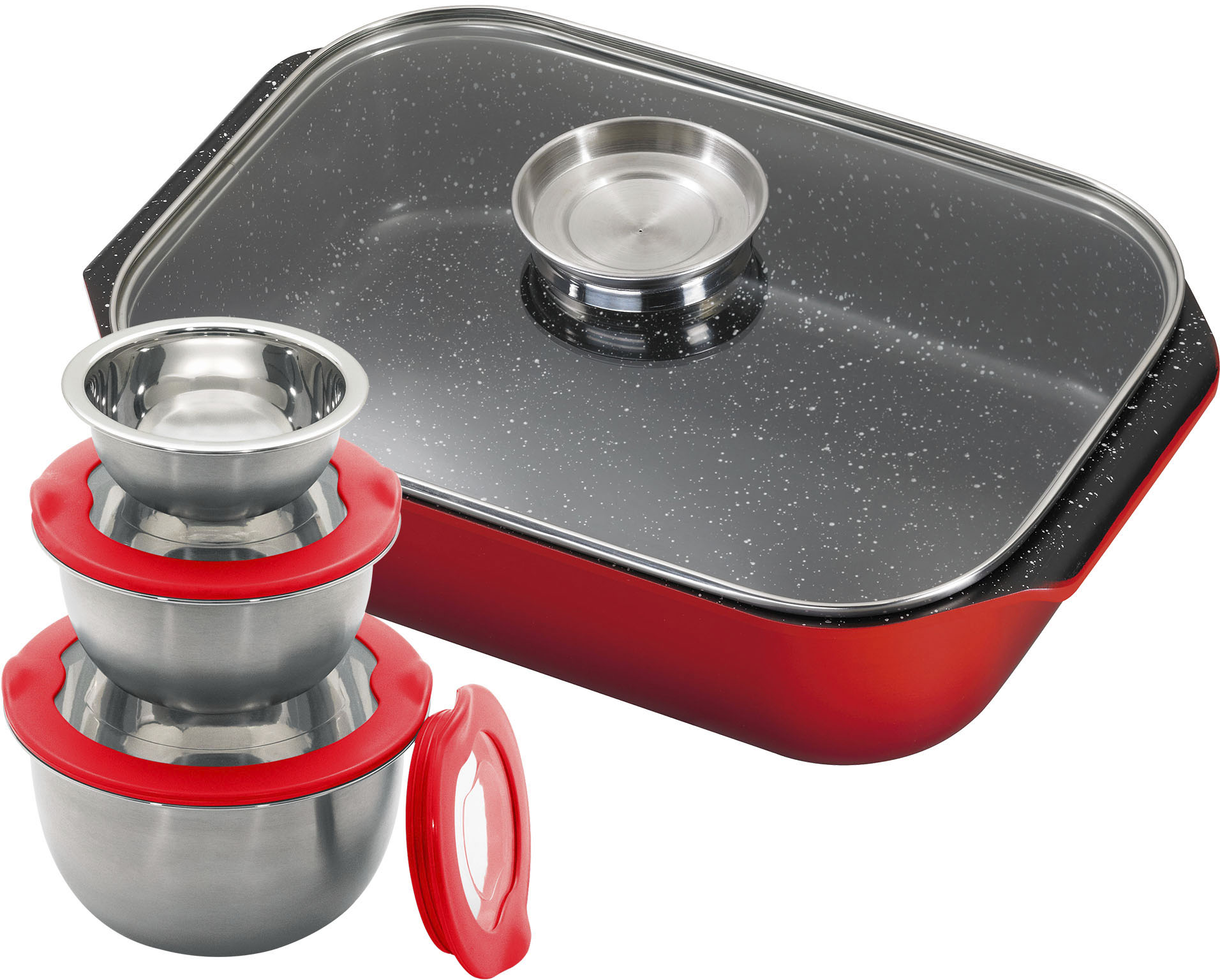 KING Bräter "6L" Set, 3 Schüsseln mit Deckeln: Ø17.5 Ø14.5 Ø12cm, 40x26cm Aluguss-Bräter, 8 Stk. tlg. Aluminiumguss