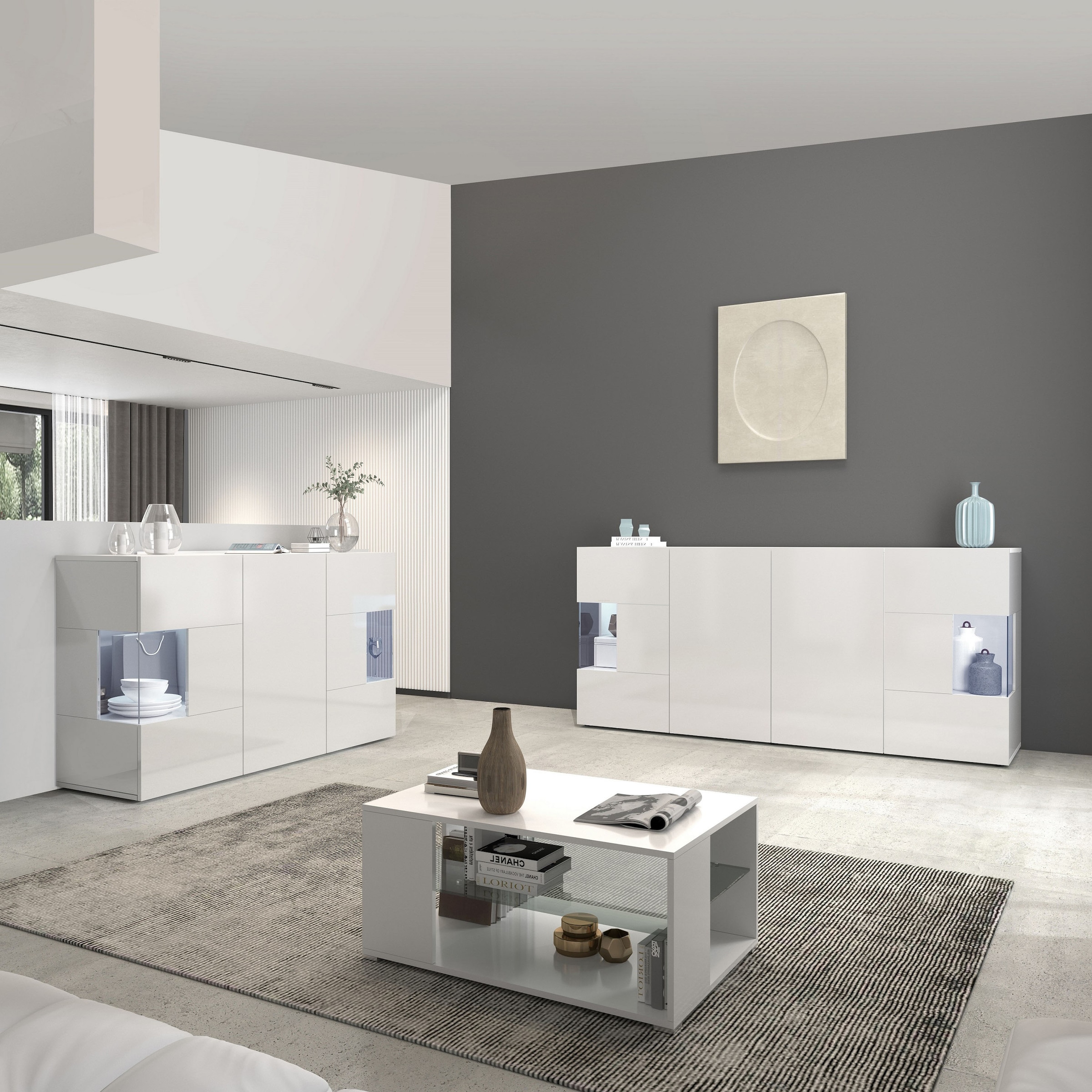 INOSIGN Sideboard »Egypt, Kommode, Schrank, Kredenz, Vitrine grifflos«, 3 Türen davon 2 mit Glaseinsatz, kompl. Hochglanz lackiert Breite 135