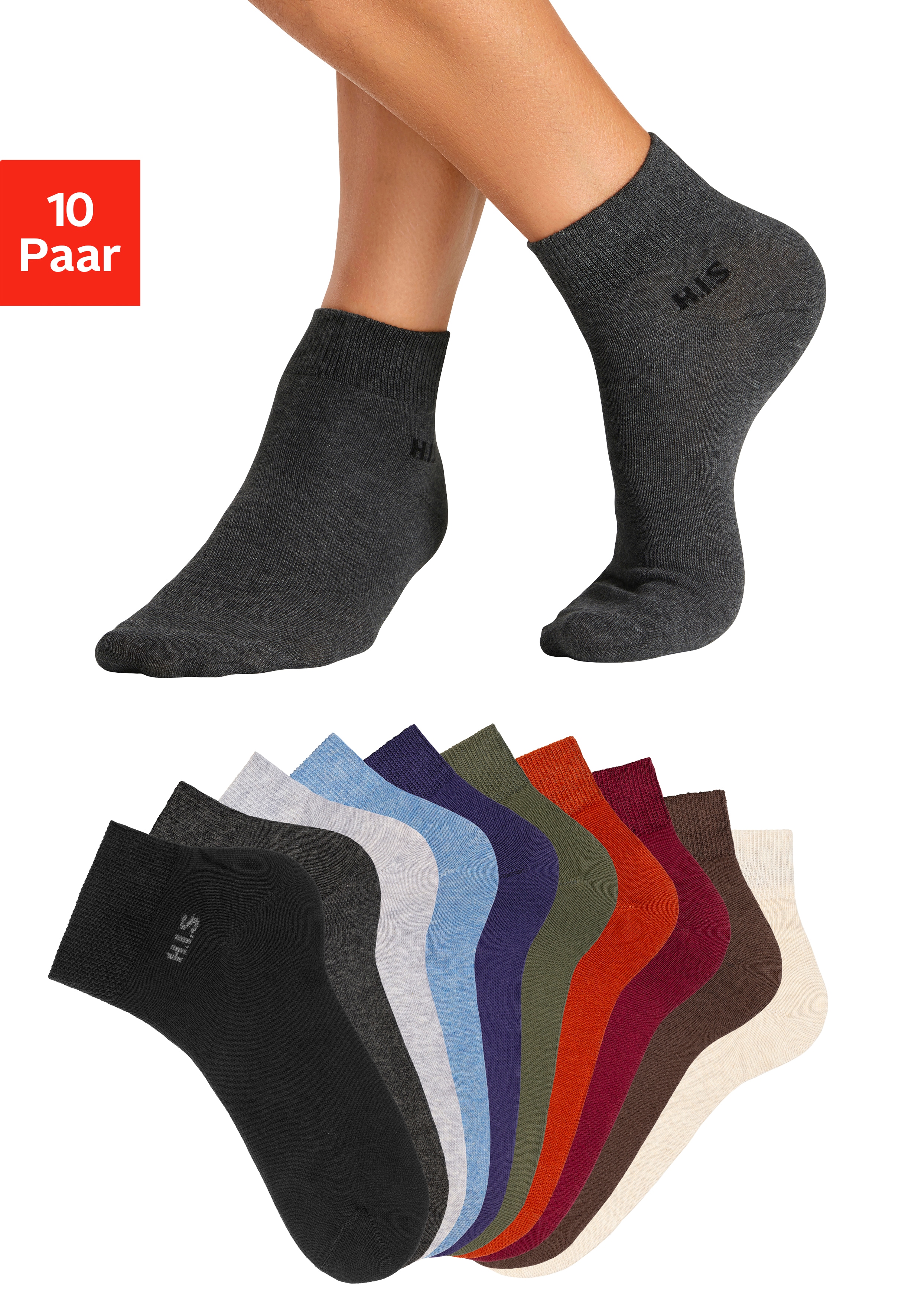 H.I.S Kurzsocken "Kurzschaft Socken Herren, zum einfachen Sortieren" Packung, 10 Stk. tlg. mit farbigem Innenbund