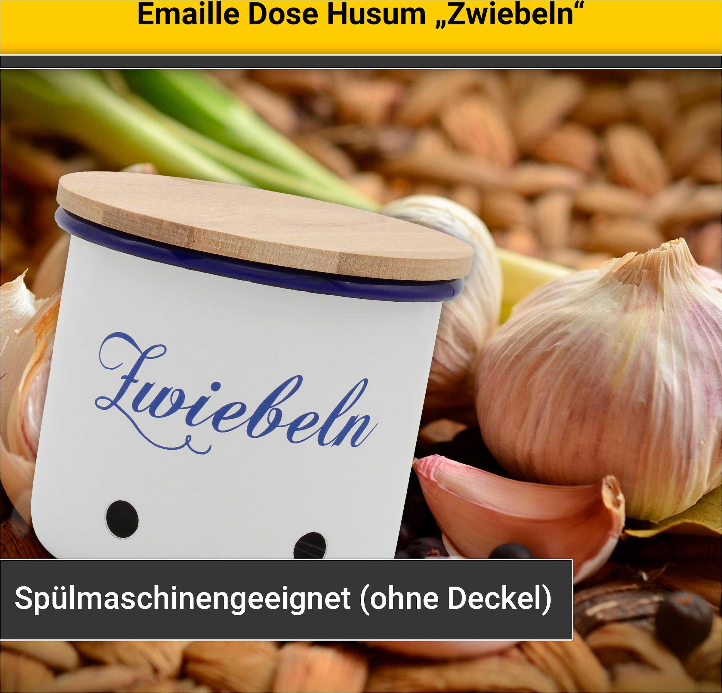 Krüger Vorratsdose »Emaille Vorratsdose Husum für Zwiebeln mit Holzdeckel, 12 cm«, (1 tlg.), schnitt-/kratzfeste Oberfläche, Bakterienabweisend, extrem langlebig