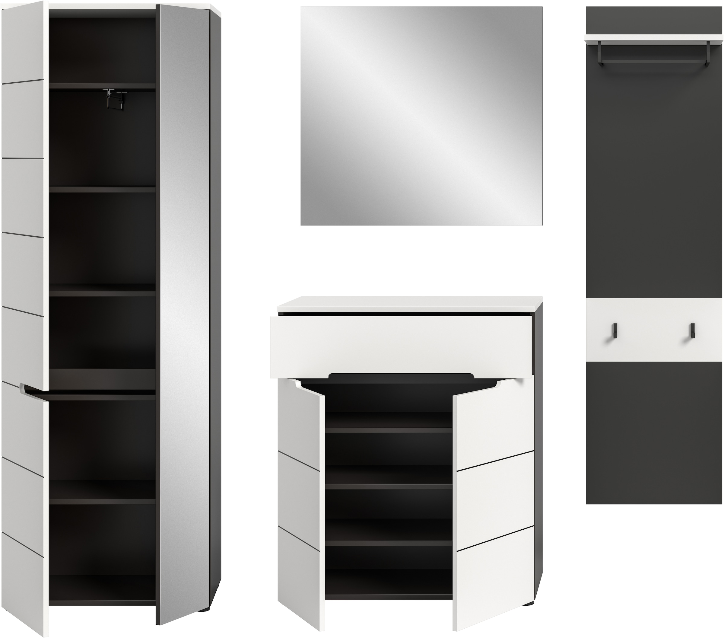 Home affaire Garderoben-Set »REHAT, TOPSELLER!, 4-teilig, Breite 220 cm, individuell erweiterbar« Set, bestehend aus: Garderobenschrank, Kommode, Spiegel & Garderobenpaneel, 4 Stk. tlg.