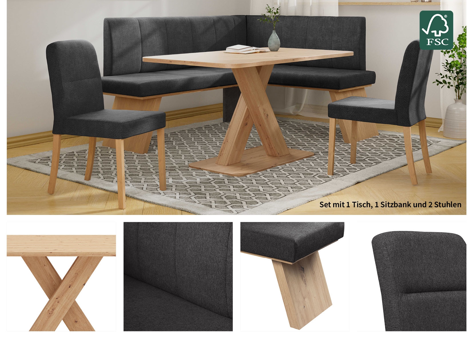 Home affaire Eckbankgruppe »Nina«, (Set, 4 tlg., 4er), Sitzgruppe Esszimmer Stühle Tisch und Bank bequem gepolstert