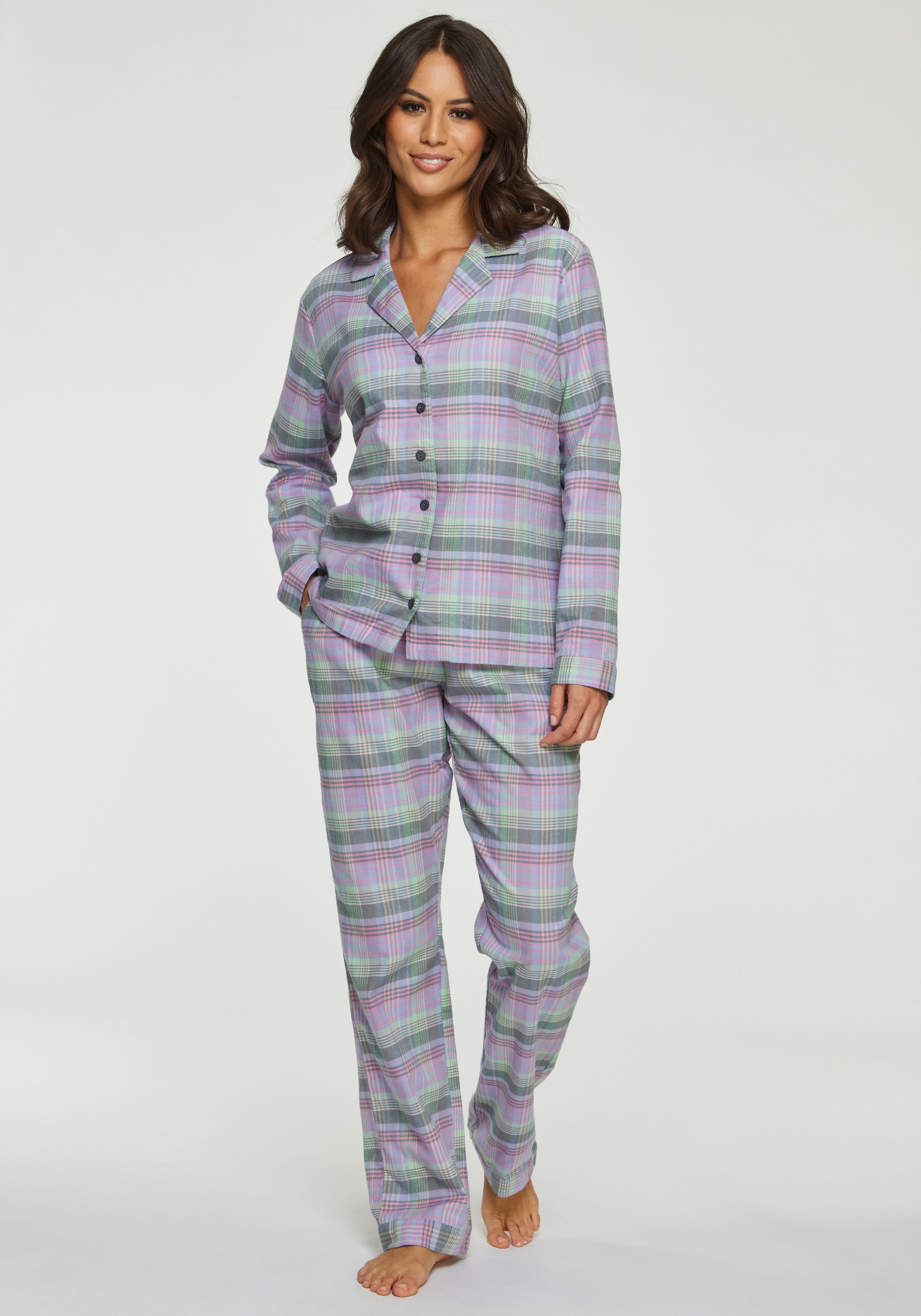 VIVANCE DREAMS Damen Pyjama, Gr. 36, lila, Flanell, Obermaterial: 100% Baumwolle, kariert, Homewear-Sets, aus kuschelig weichem Flanell