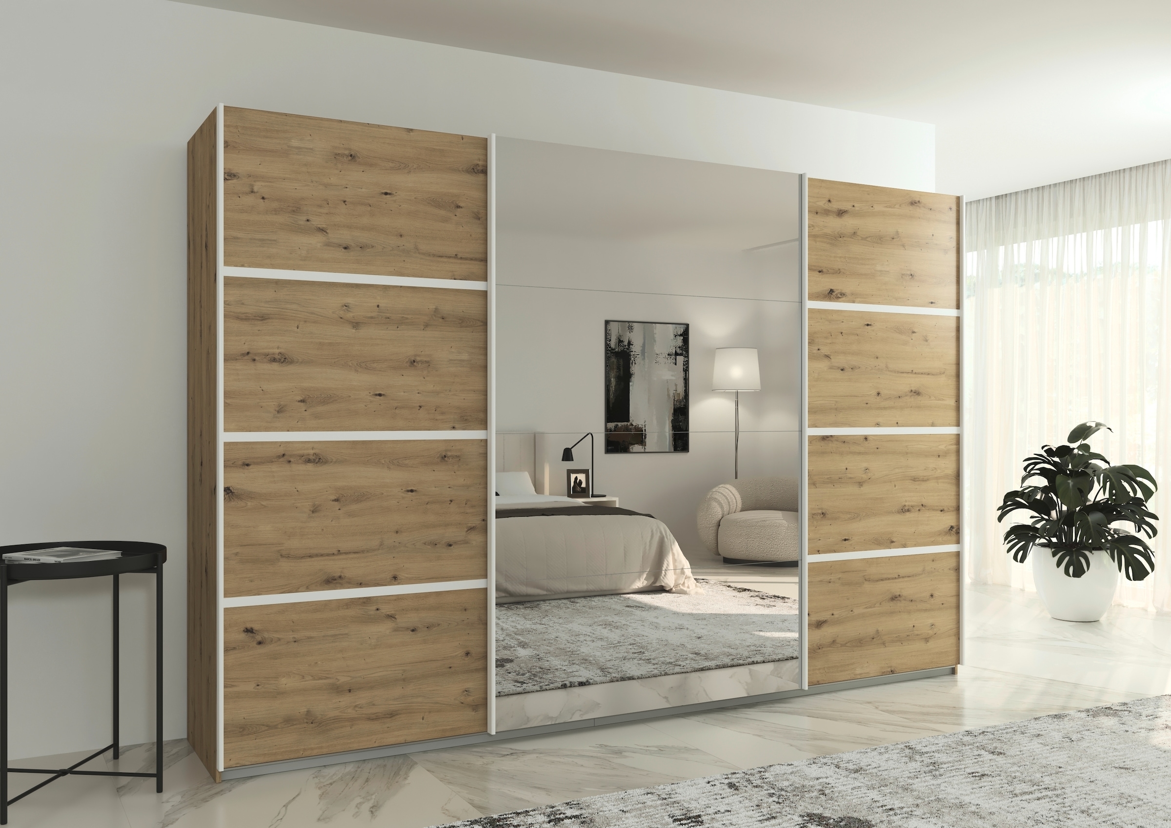 rauch Kleiderschrank »Schwebetürenschrank OTTO´s Choice Garderobe Schrank TOP ANGEBOT Avola«, (in 3 verschiedenen Ausstattungen BASIC/CLASSIC/PREMIUM inkl. Spiegel), mit eleganten Zierleisten in Chrom, Schwarz oder Weiß MADE IN GERMANY