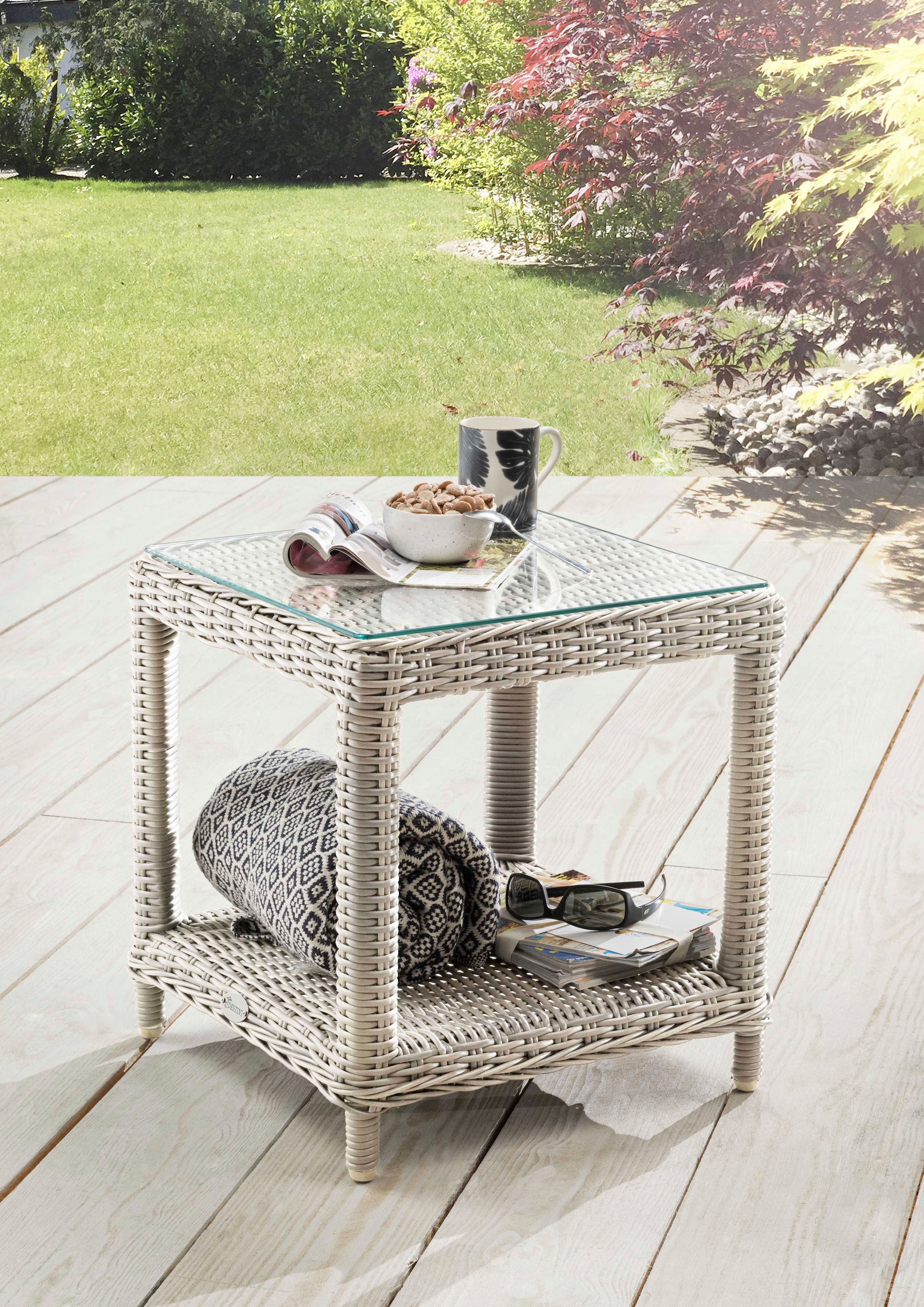 Destiny Beistelltisch »MERANO«, Polyrattan, 46x47x50cm, mit aufgelegter Glasplatte