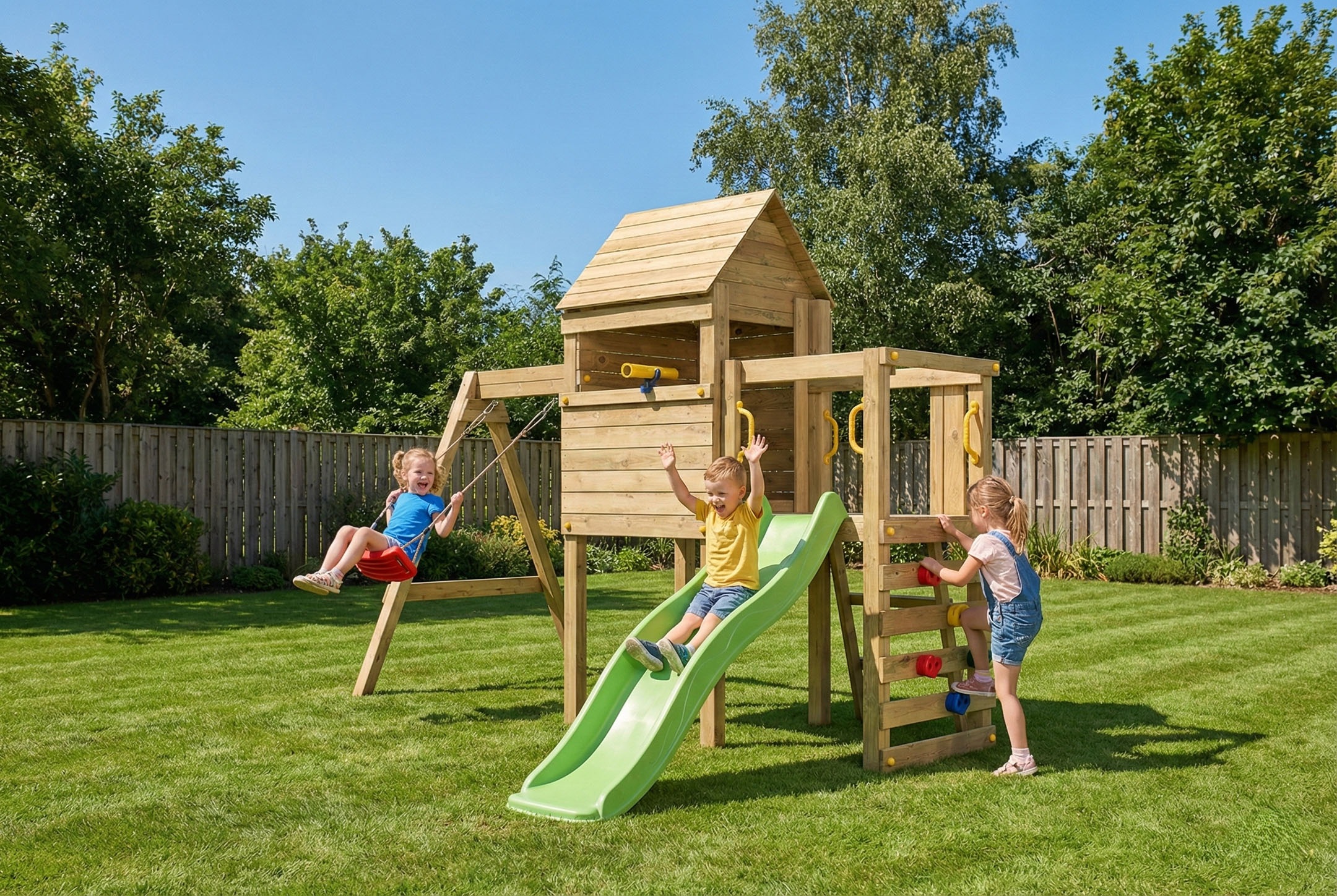 FUNGOO Spielturm »LUOMI« mit Haus, Kletterwand, Rutsche und Schaukel fur Kinder