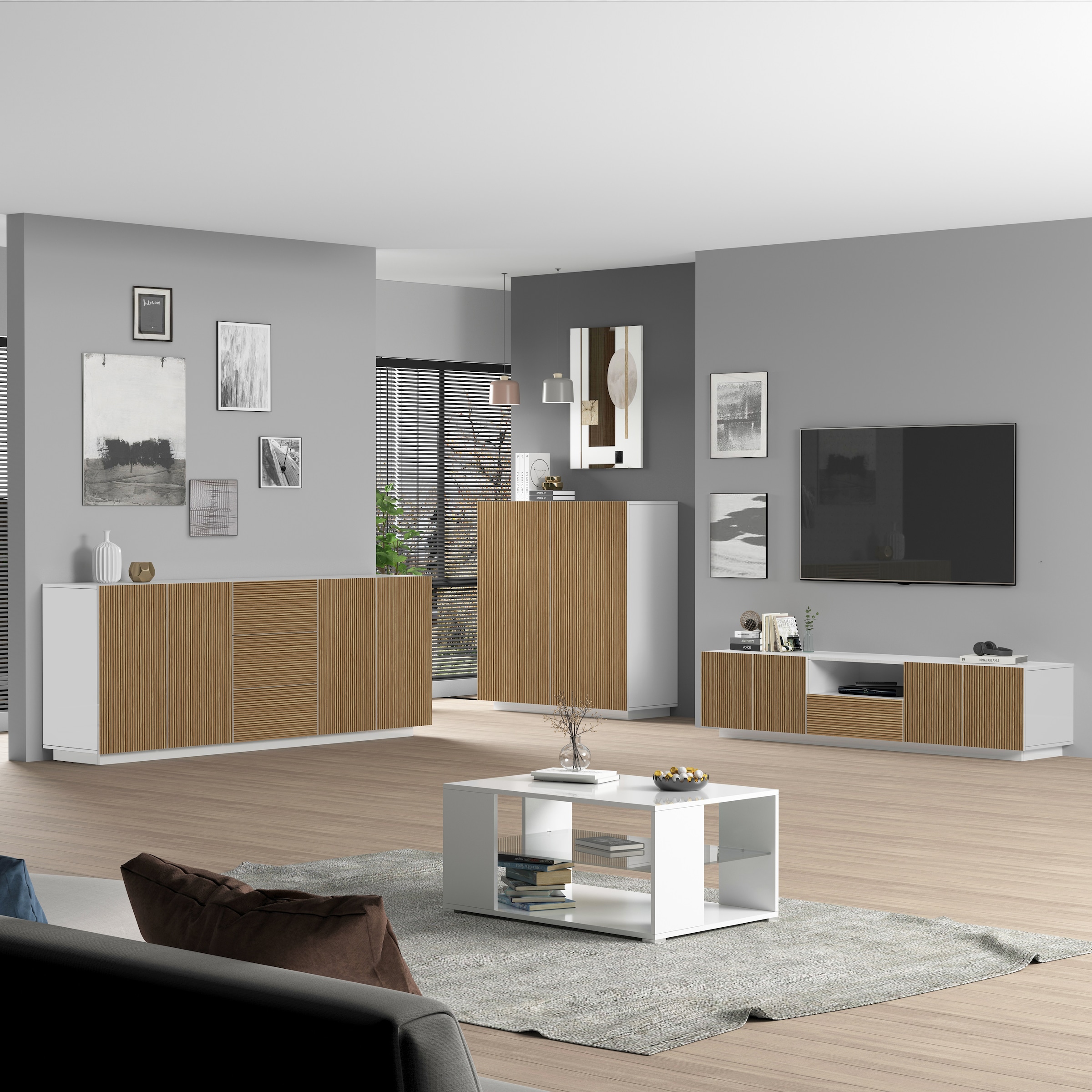 INOSIGN Lowboard »Vega,Lowboard,TV Board,TV Schrank,220 cm«, mit 4 Türen und 1 Schublade,Fronten mit Rillen-Optik
