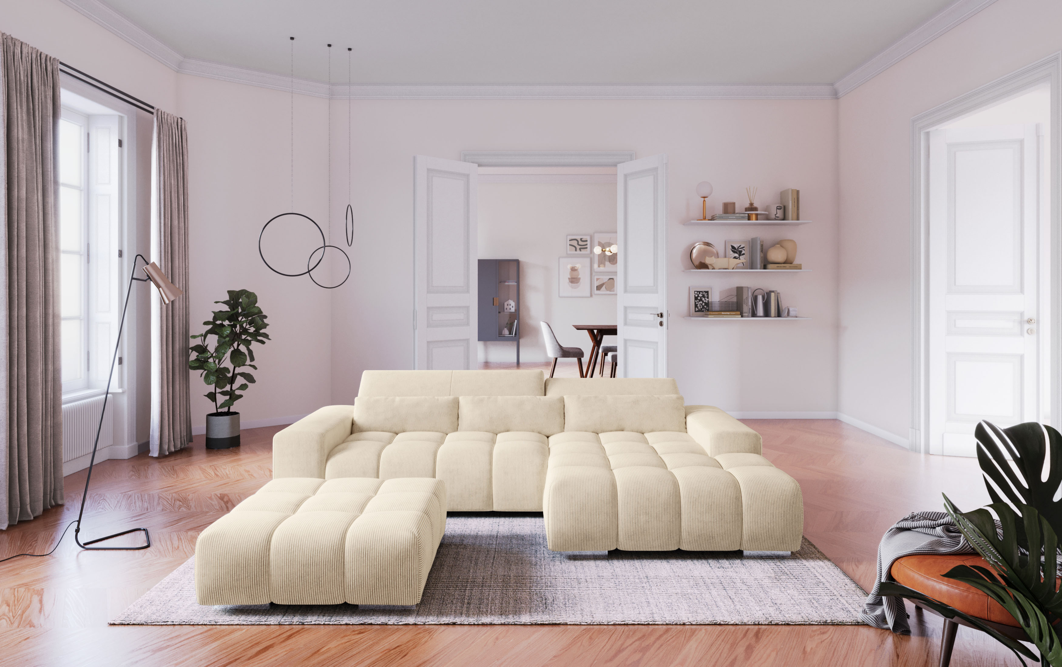 COTTA Ecksofa "Orion L-Form, B: 307 cm, moderne Steppung, bequeme Wellenunterfederung" 2x Kopfteilverstellung & 3 Nierenkissen