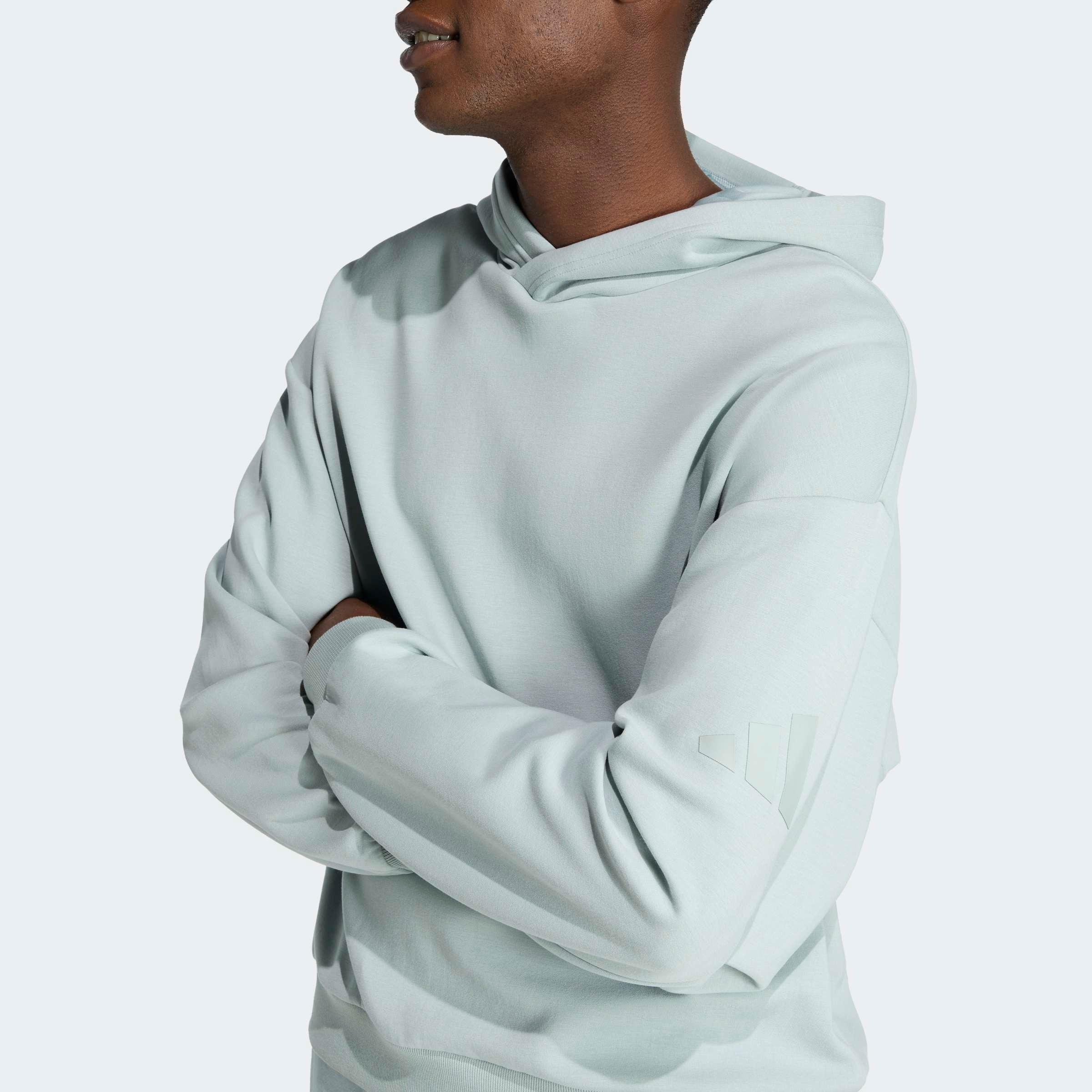 Kapuzensweatshirt ADIDAS SPORTSWEAR "SOFT LUX HOODIE", Herren, Gr. L, wonder sage, Obermaterial: 51% Polyester, 25% Modal, 15% Baumwolle, 9% Elasthan, normal, Rundhals, angesetztes Bündchen, Sweatshirts, mit Kapuze, für Sportmode und Freizeit, mit 3-Strei 3