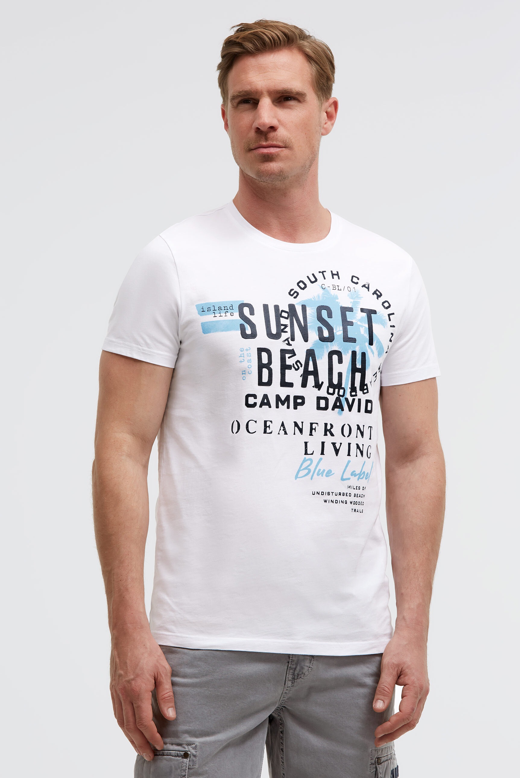 Rundhalsshirt CAMP DAVID, Damen, Gr. S, weiß, Single Jersey, Material: 100% Baumwolle, bedruckt, regular fit normal, Rundhals, eingesetzt gerader Abschluss, Shirts Rundhalsshirt, aus Baumwolle