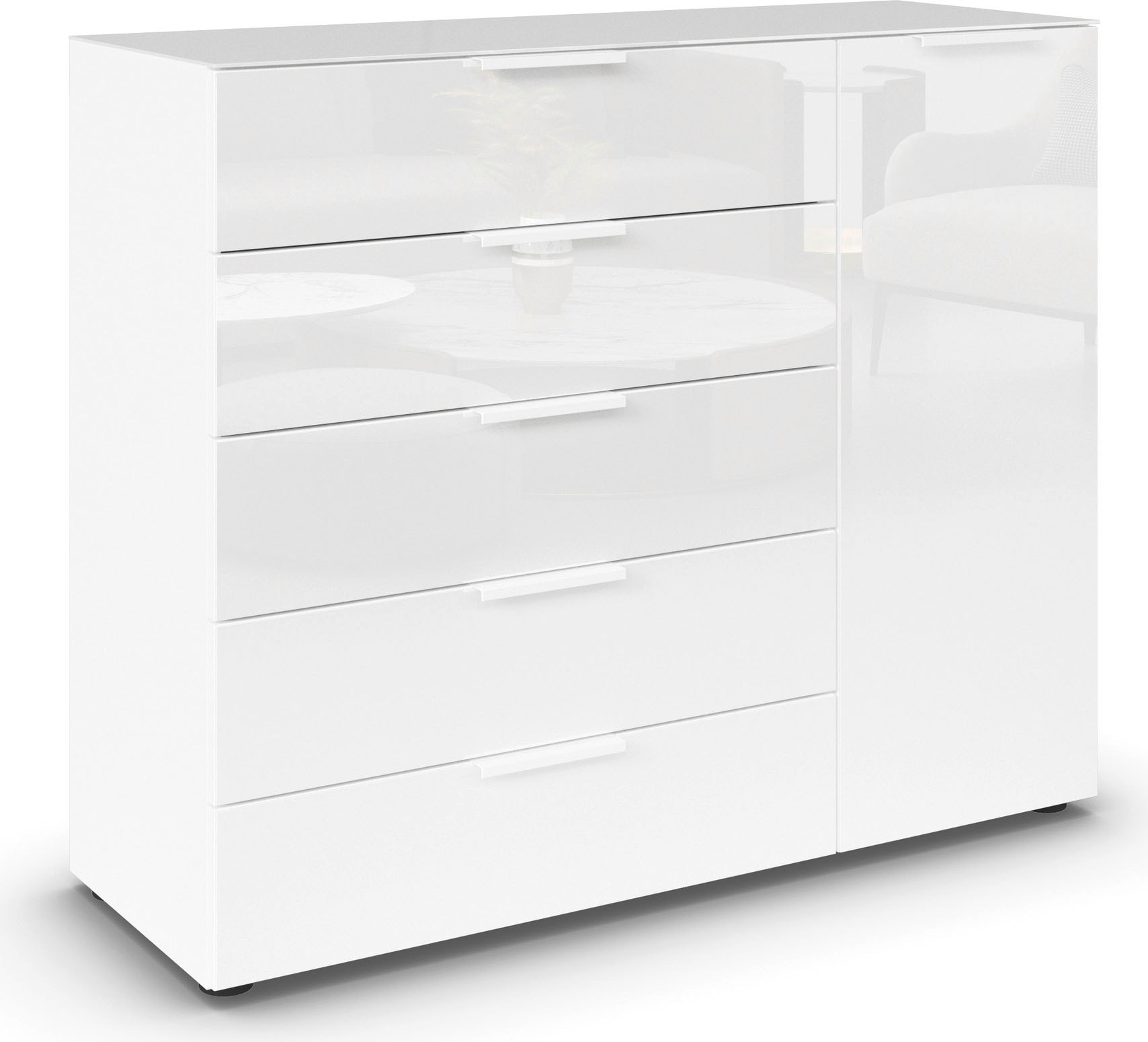 rauch Schubkastenkommode "Kommode Türkommode Sideboard Kombikommode FLIPP mit Glasfront" Breite 120 cm mit 2 Einlegeböden, 1-türig, 5 Schubladen, Soft-Close-Funktion, Oberboden und Front Glas