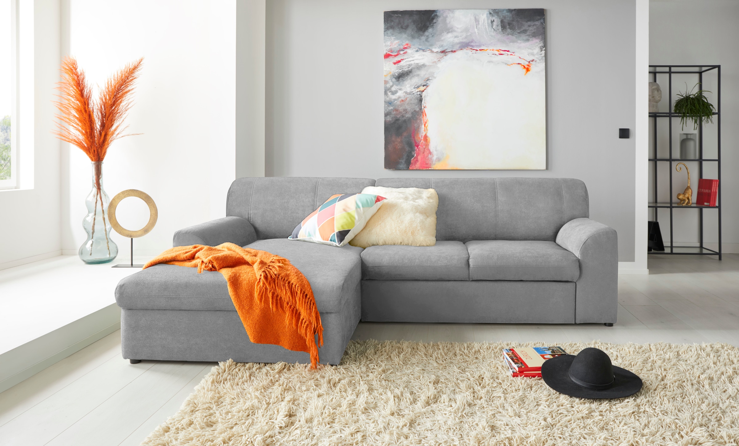 DOMO collection "Topper, elegant und zeitlos, kompaktes Stellmaß 245/155cm, L-Form" mit Recamiere, wahlweise mit Schlaffunktion