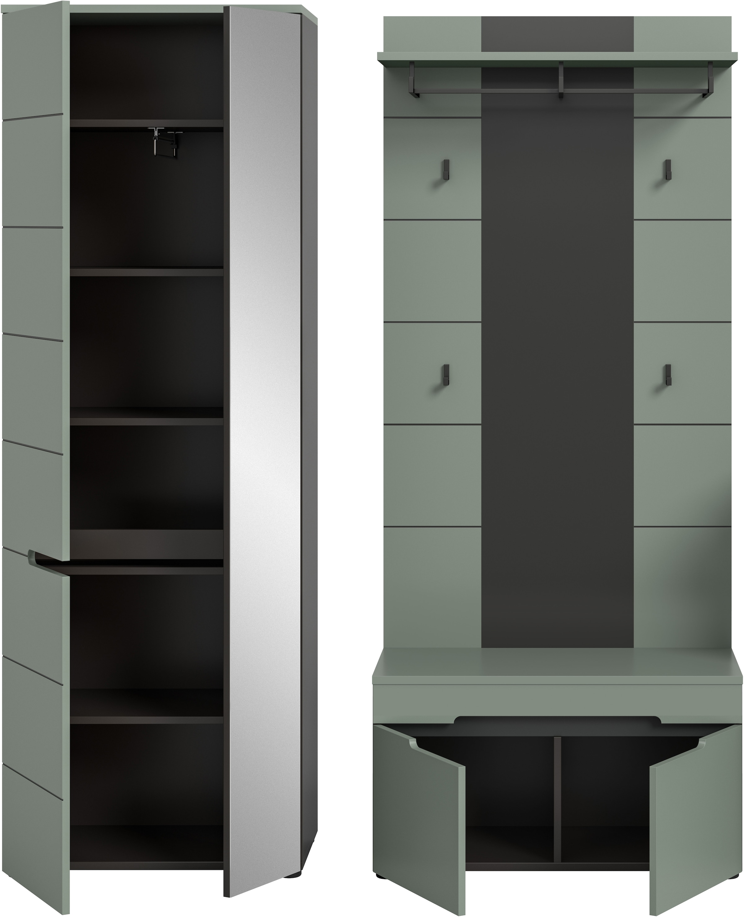 INOSIGN Garderoben-Set, (Set, 3 St.), Rehat, Garderoben-Set 3-tlg., Basalt grau NB/Smoke Green NB, Flur