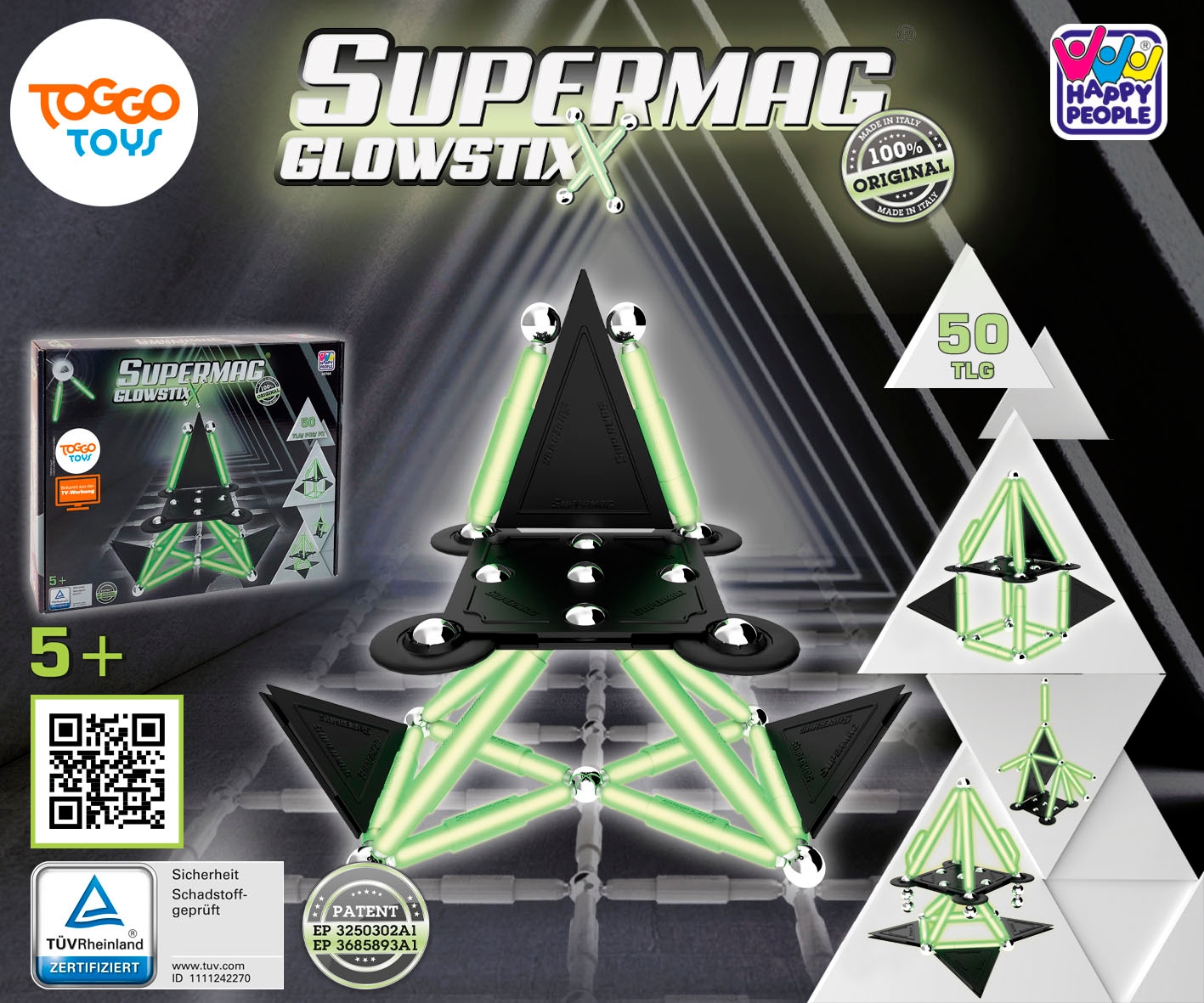 Happy People Magnetspielbausteine »Supermag Glow Stix«, (Packung, 50 St.)