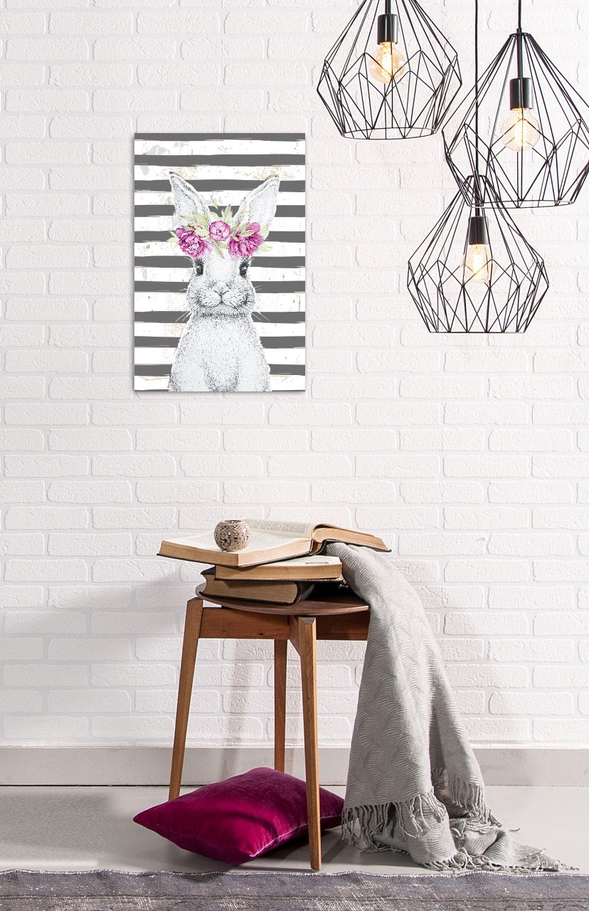 queence Metallbild »Bunny II«, Hase-Tiere-Blumenbilder-Hase-Hasen, (1 St.), Hase, Blechschild, Stahlschild, Blumenkranz