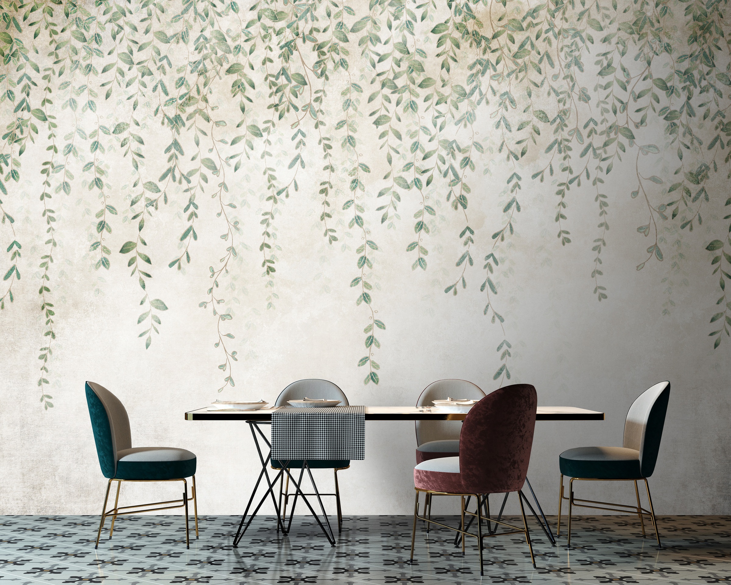 living walls Vliestapete "Florale Tapete Hängende Blätter Grün Beige Natur" matt glatt