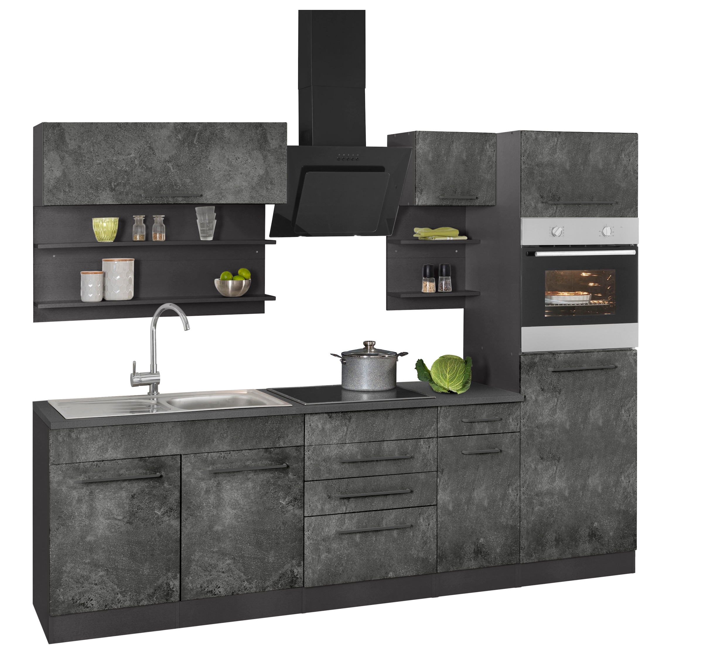 KOCHSTATION Küchenzeile »KS-Tulsa«, mit E-Geräten, Breite 270 cm, schwarze Metallgriffe, MDF Fronten