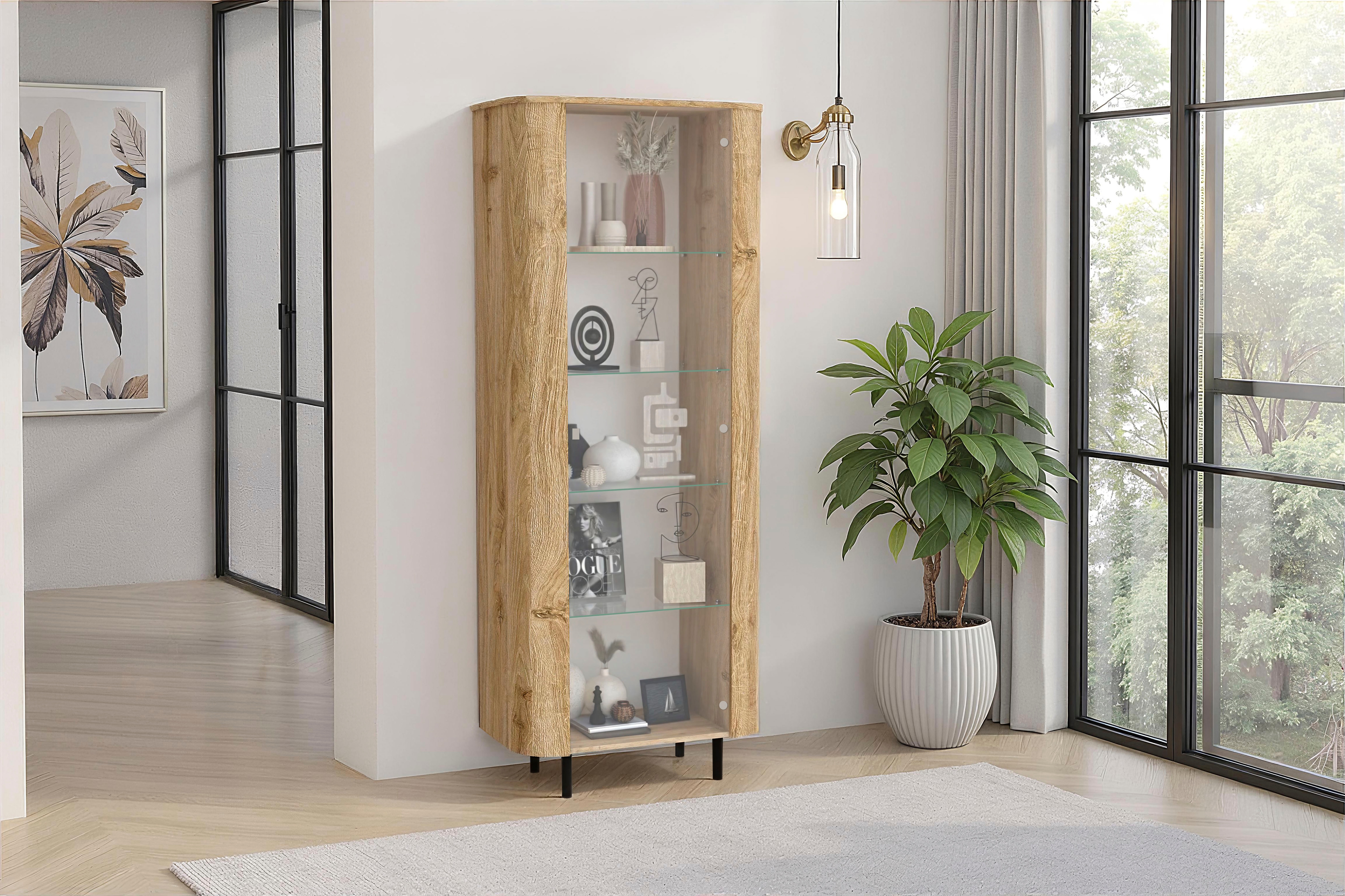 Home affaire Vitrine "Murano, Standvitrine H 200 cm, B 80 cm, 1 Tür, Vitrinenschrank" Formgebogenes MDF, Stirnseiten mit Rundung, Metallfüße, stilvoll