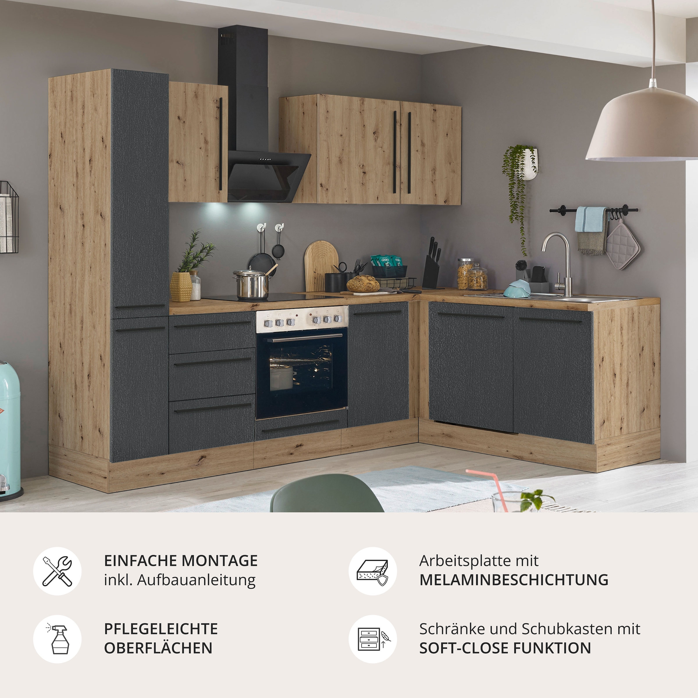 KOCHSTATION Winkelküche »Florida, Stellbreite 250x165 cm« wahlweise mit E-Geräten, mit Softclose für Türen und Schubkästen