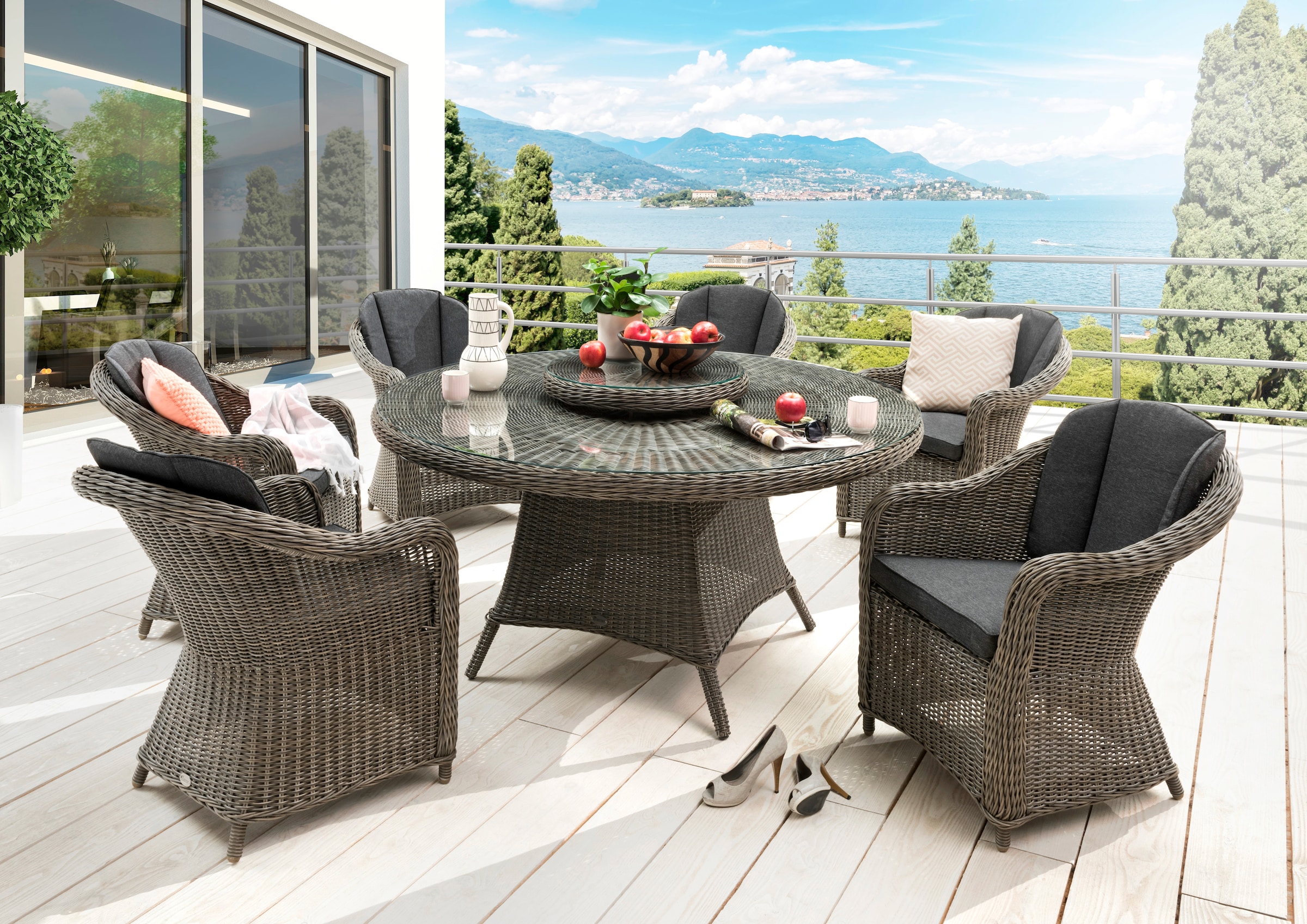 Destiny Garten-Essgruppe »MALAGA LUNA«, (Set, 19 tlg.), Polyrattan, 6 Sessel +Tisch Ø 150x75cm, inkl. Auflagen