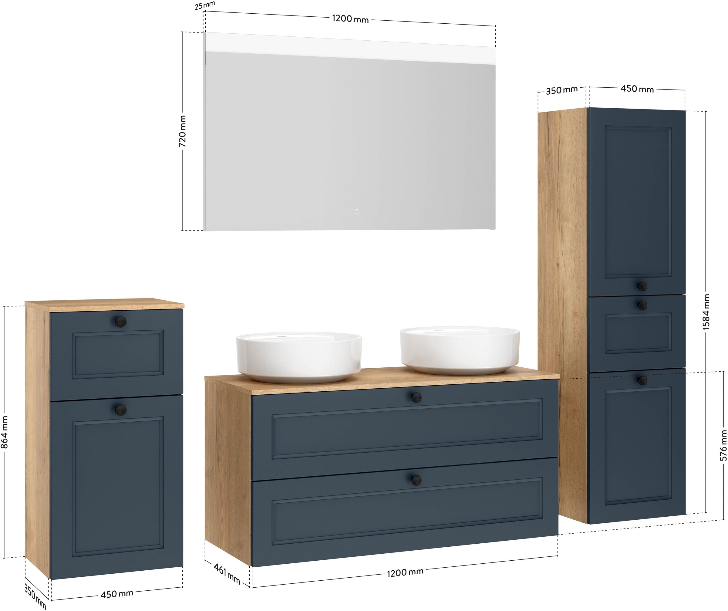 nobilia® Badmöbel-Set »Cascada« Set, inkl.  2 Aufsatzwaschbecken und beleuchtetem  Spiegel mit Touch-Sensor, 6 Stk. tlg.