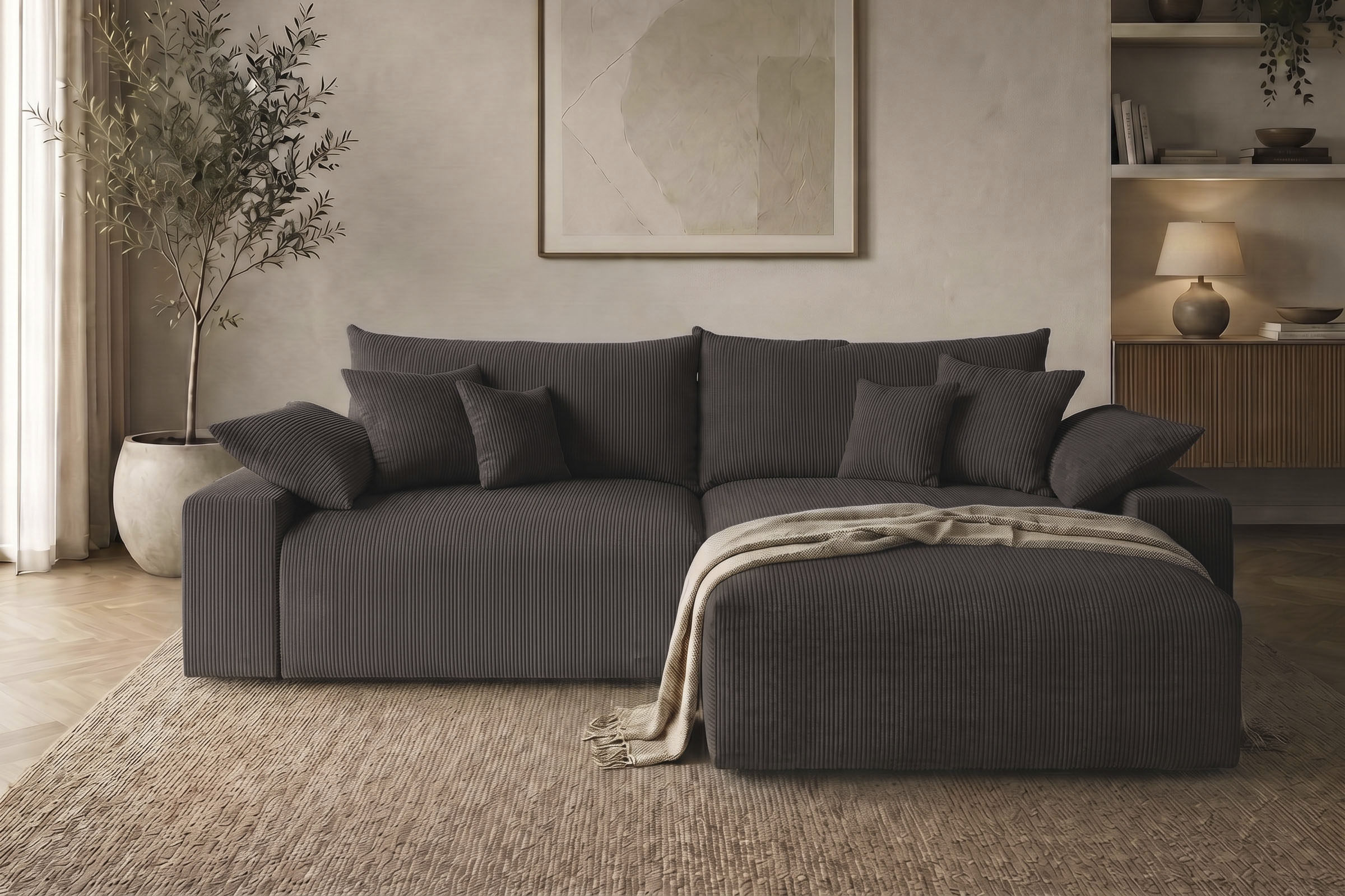 OTTO home Ecksofa "Amici L-Form, B: 302 cm, Mega-Sofa in Boucle und Cord" Couch mit Federkern & 6 Zierkissen, frei stellbar
