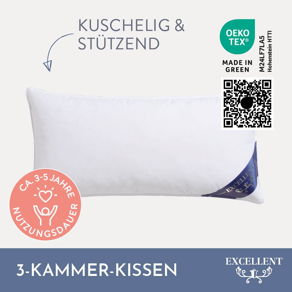 Excellent 3-Kammer-Kopfkissen »Wien«, Füllung: 60% Daunen / 40% Federn (Außenkammern) und 100% Federn (Innenkammer), Bezug: 100% Baumwolle, (1 St.), Kopfkissen in 40x80 und 80x80 erhältlich