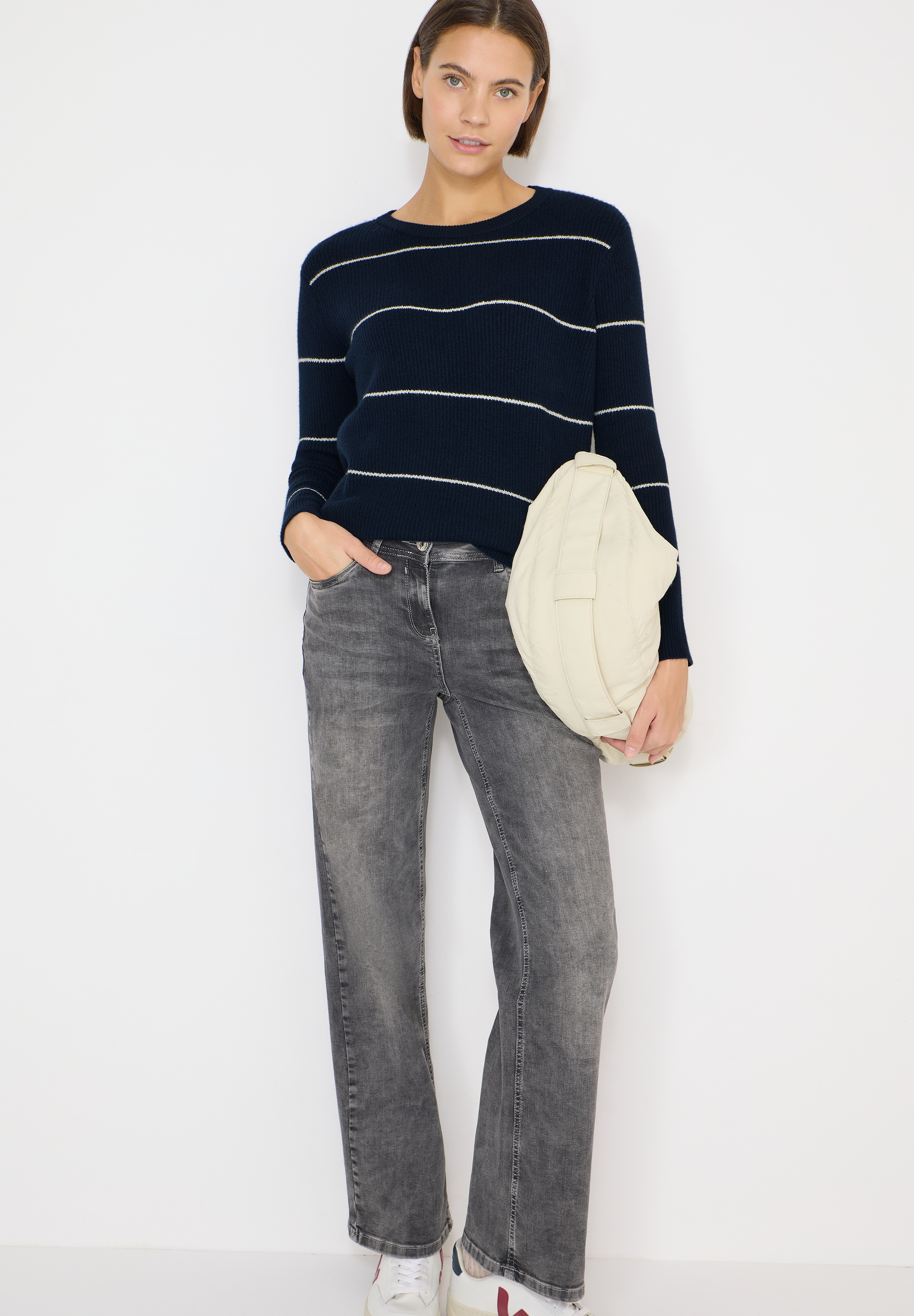 Rundhalspullover CECIL, Damen, Gr. XXL (46), deep denim blau melange, Strick, Obermaterial: 37% Baumwolle, 34% Polyacryl, 26% Polyester, 3% Elasthan, normal, Rundhals, Rippstrickbündchen, Pullover Rundhalspullover, Pflegeleichter Materialmix 3