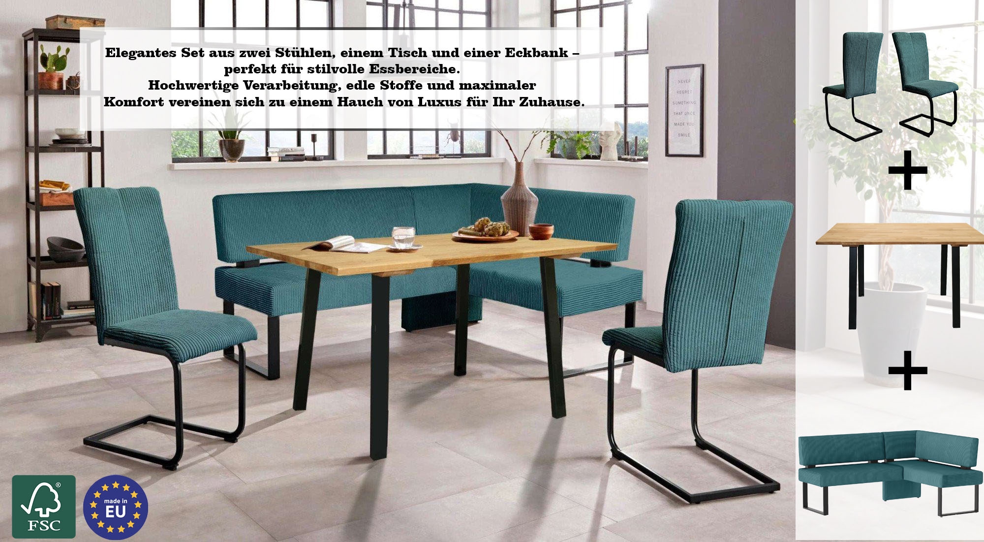 Home affaire Eckbankgruppe »Oliver«, (Set, 4 tlg., 4-tlg), Eckbank mit Wellenunterfederung im Sitz, Tisch Massiv Eiche