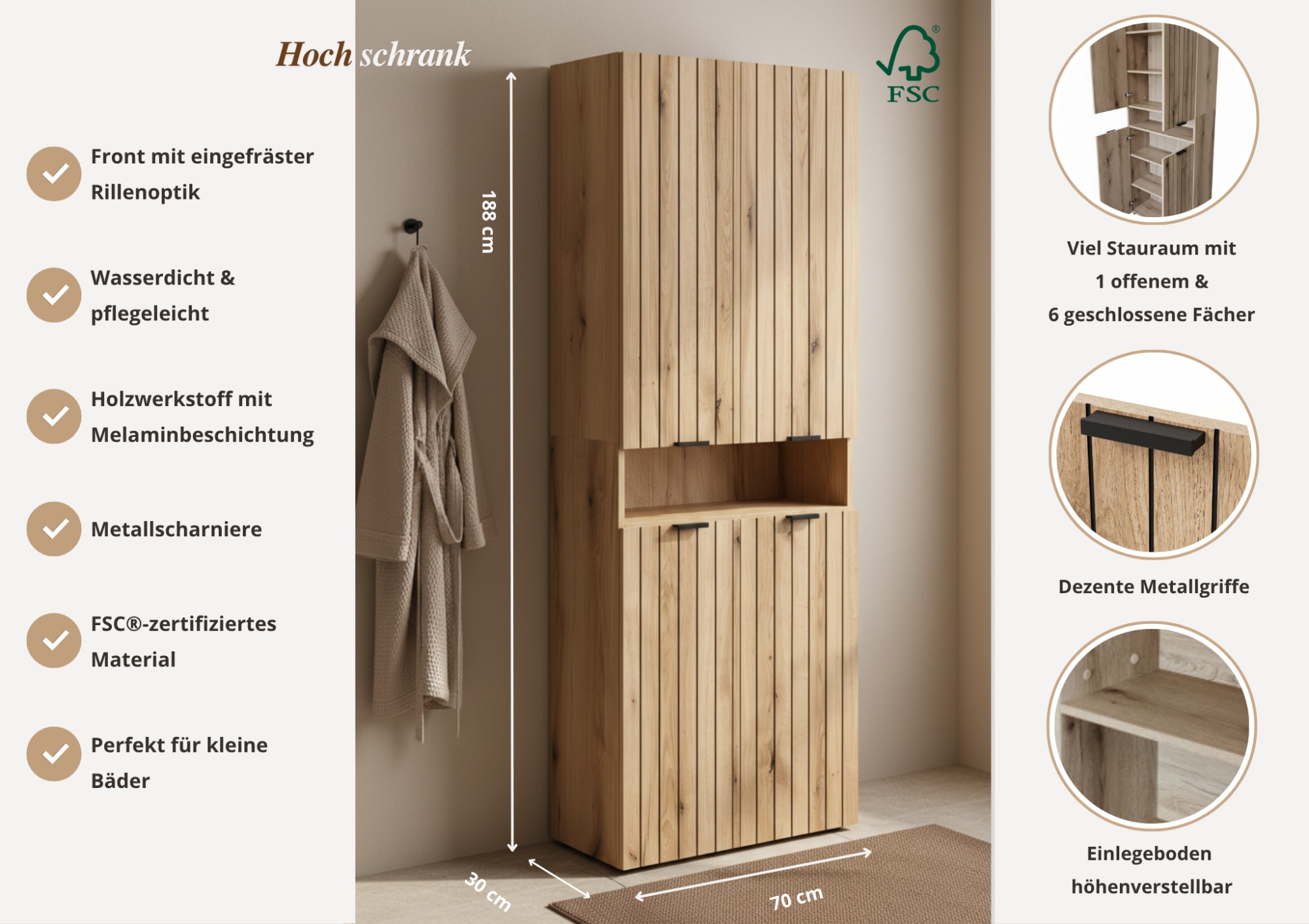 OTTO home Hochschrank »Baltrum« Breite 69,8 cm dekorative Lamellenoptik