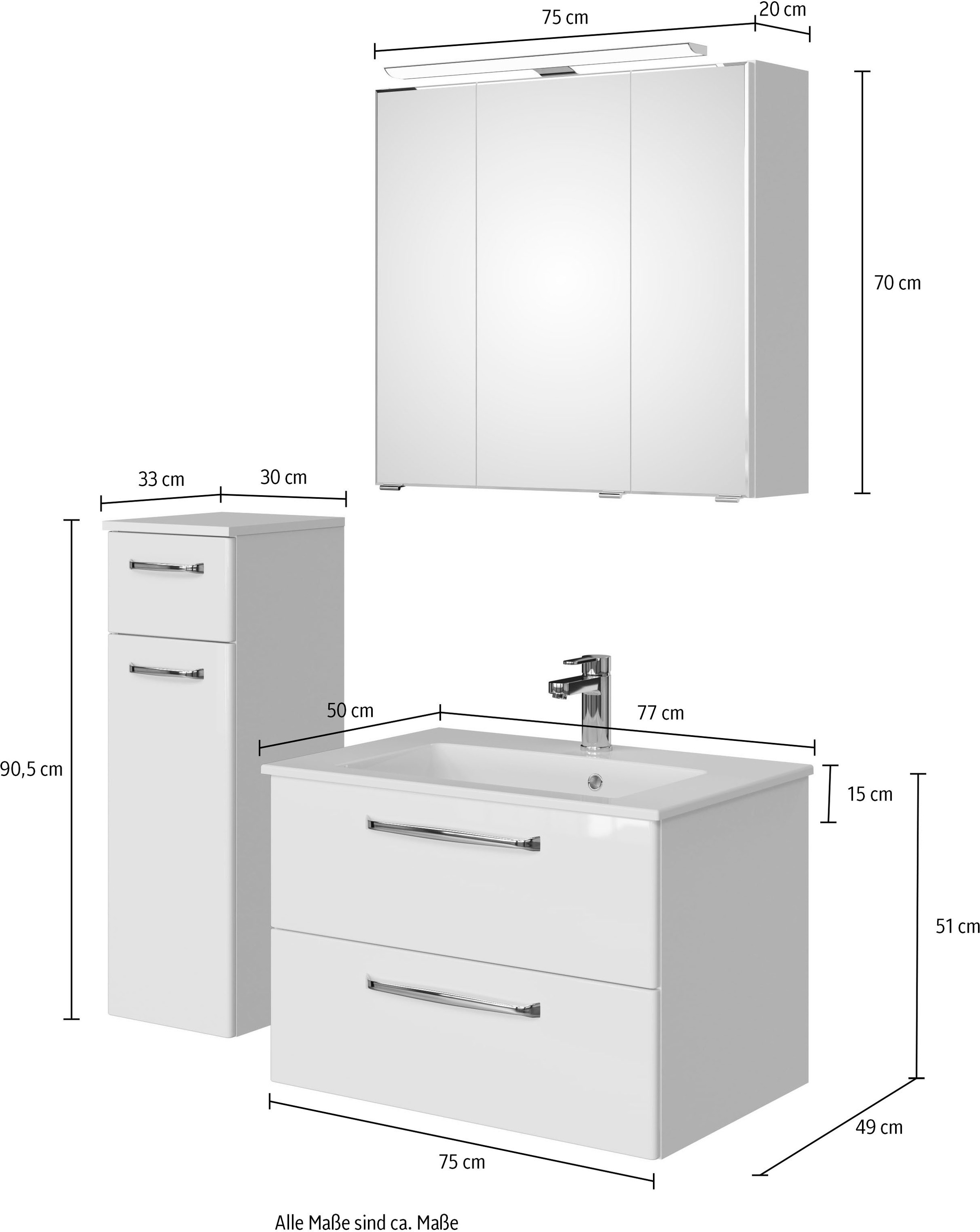 Saphir Badmöbel-Set »Badmöbel-Set Trentino 3-tlg Mineralmarmorwaschtisch LED-Spiegelschrank«, (4 St.), Badezimmer-Set mit Unterschrank inkl. Türdämpfer