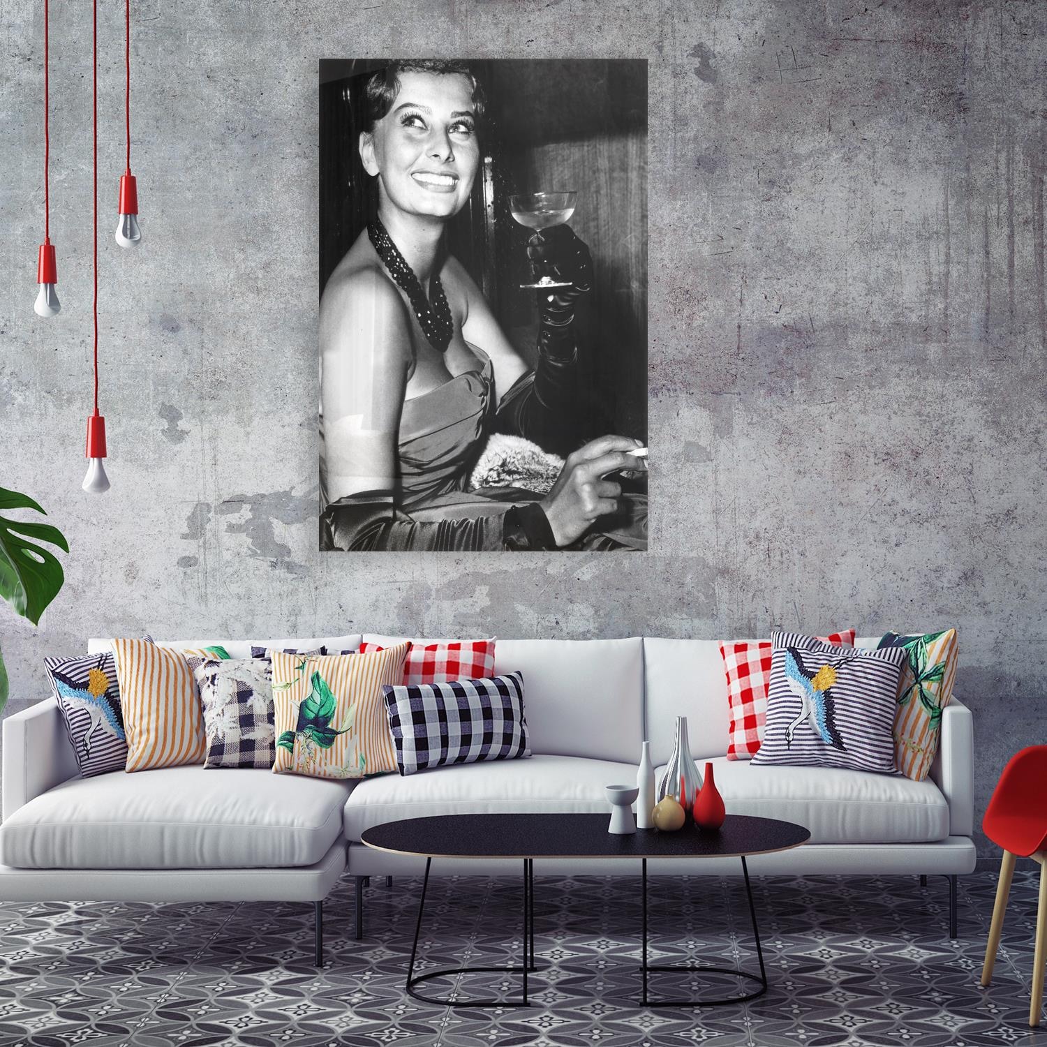 queence Acrylglasbild "Sophia Loren mit Champagne", Schwarz-Weiß-Frau-Stars günstig online kaufen