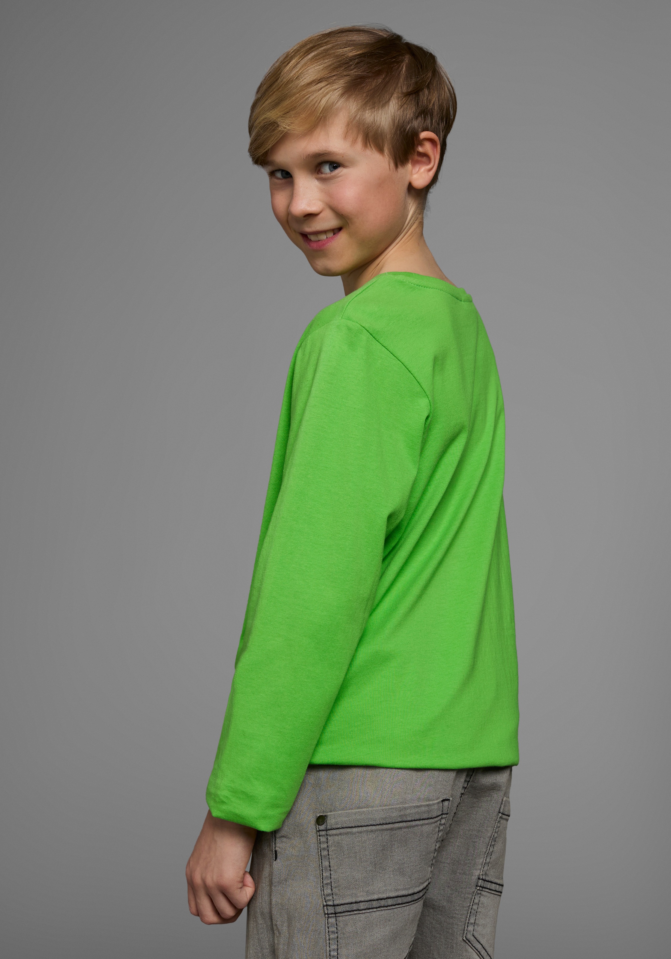 Langarmshirt KIDSWORLD "CHILL MAL DIGGA", Jungen, Gr. 164/170, grün (neongrün), Jersey, Obermaterial: 100% Baumwolle, bedruckt, Basic, Rundhals, Shirts Langarmshirt, Langarm, Basic-Passform, mit peppigem Aufdruck 3