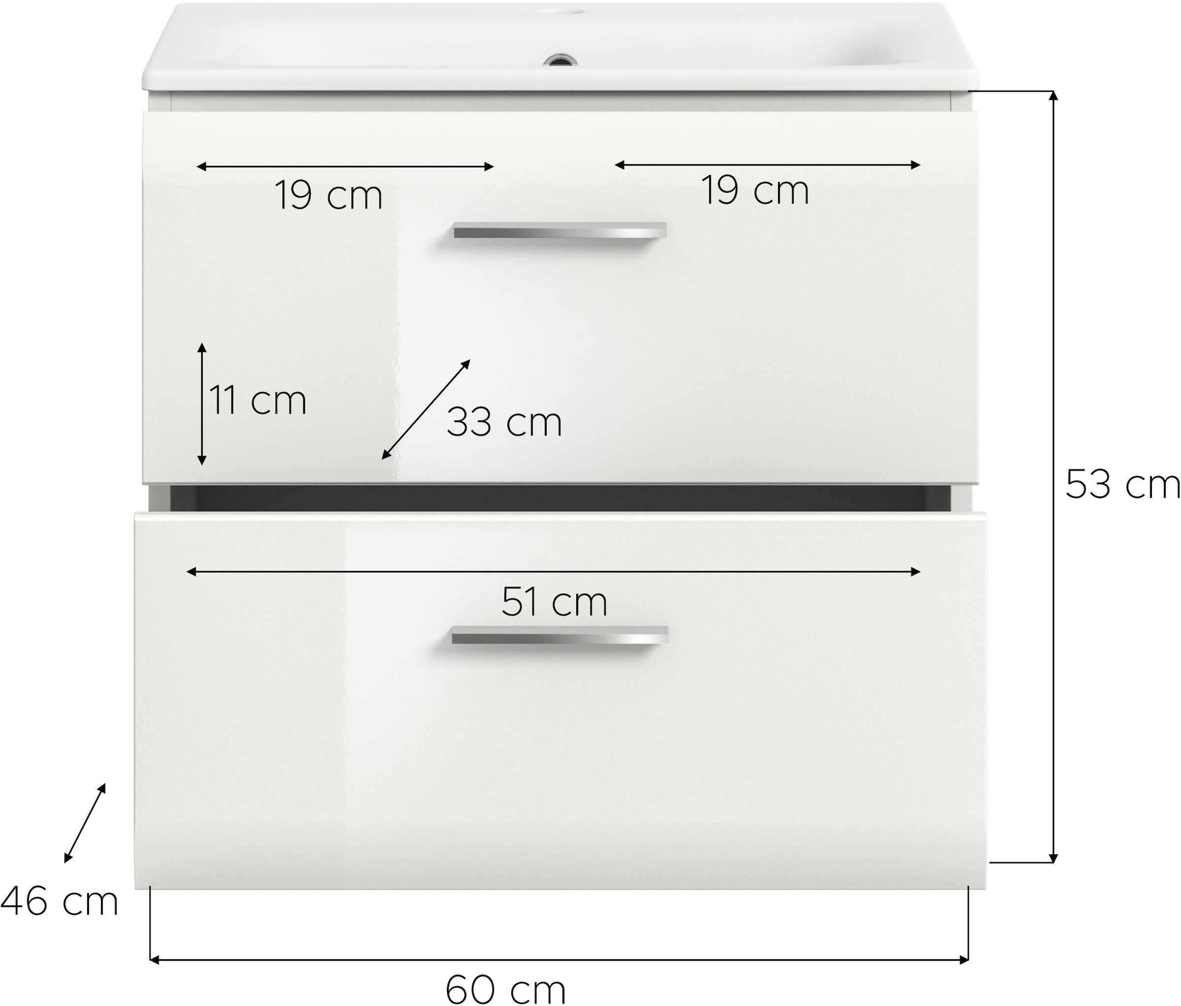 INOSIGN Waschbeckenunterschrank, (2 St.), Florenz, Waschtisch inkl. Waschbecken, Weiß Hochglanz Tiefzieh