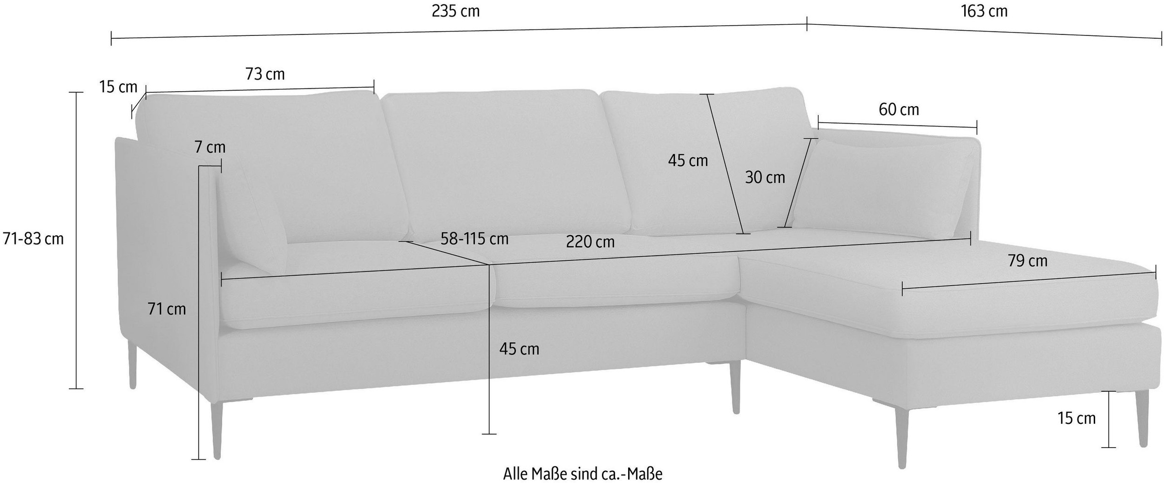 Leonique Ecksofa »Light L-Form«, inklusive loser Zierkissen, mit schmalen Armlehnen und Teleskopfüßen