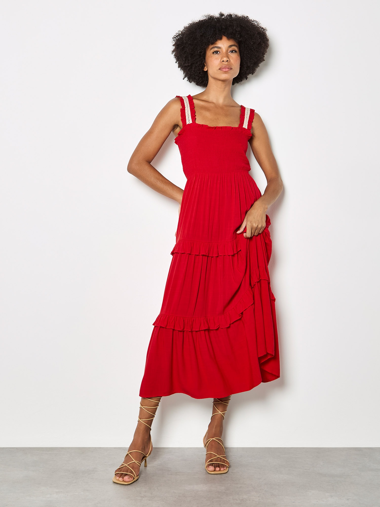 Apricot Midikleid "Midi-Kleid" mit gestufter Spitzenverzierung