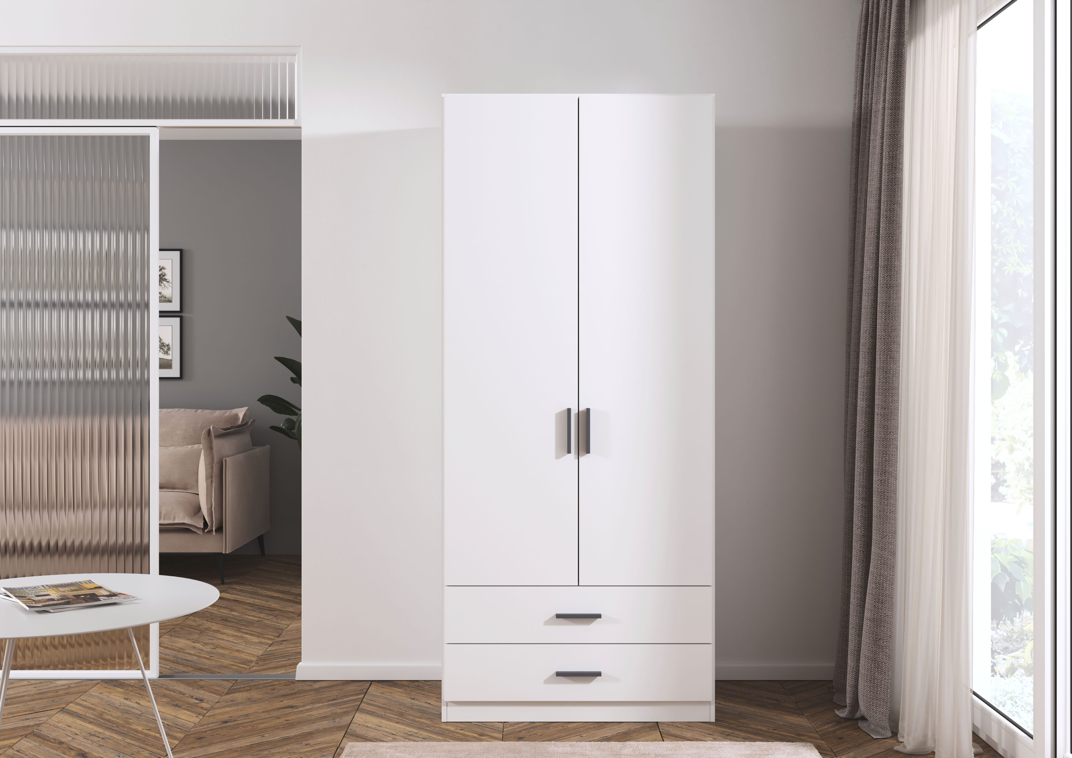 rauch Drehtürenschrank "Kleiderschrank Garderobe GAMMA Breite 91 cm" in 3 Ausstattungen BASIC/CLASSIC/PREMIUM (inkl. SOFT-CLOSE-Funktion), mit Schubladen, verschiedene Griff-Varianten TOPSELLER MADE IN GERMANY