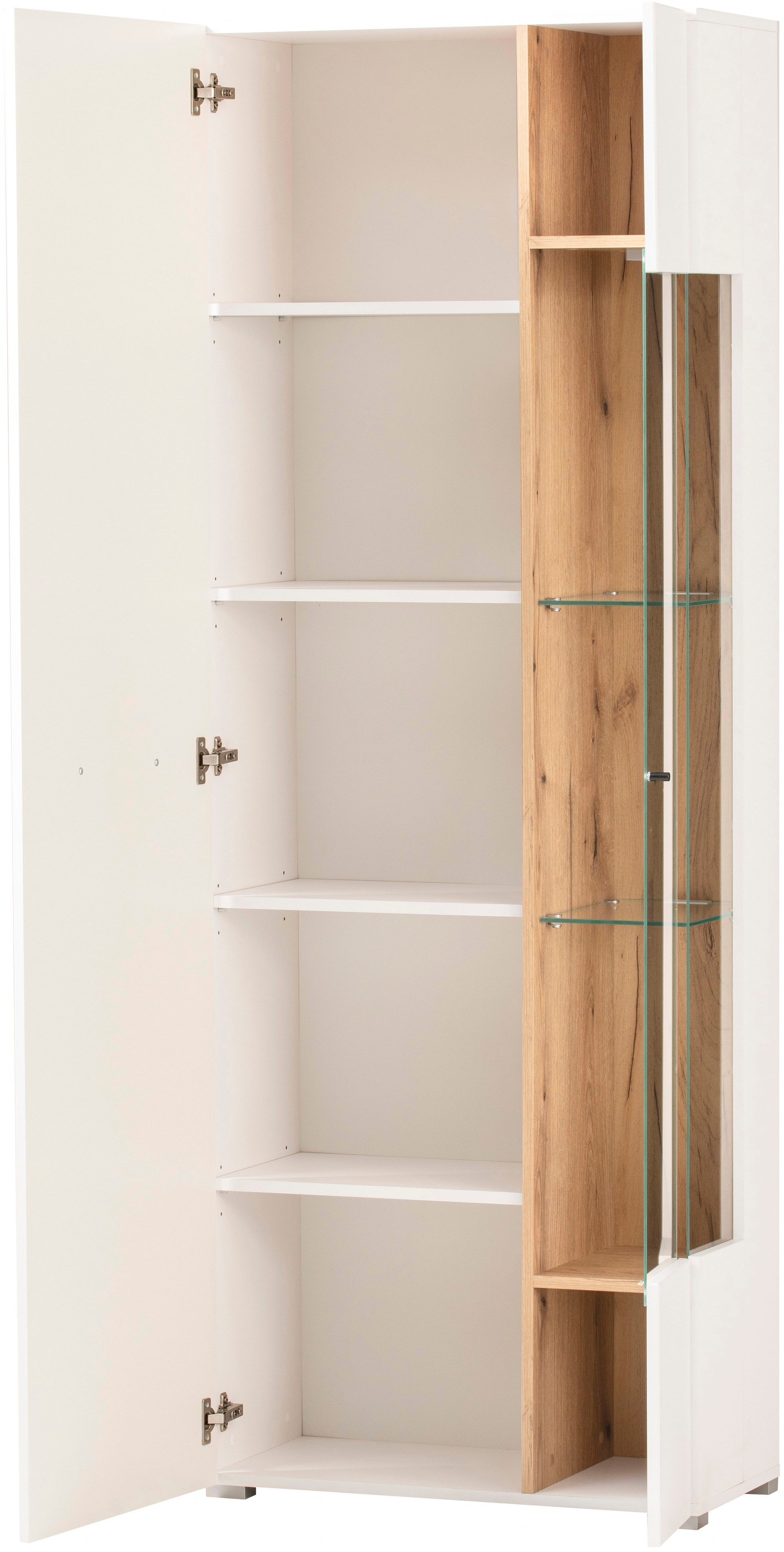 INOSIGN Vitrine »Salerno Hochschrank, Glasvitrine, Weiß mit Eiche Evoke Dekor, modern.«, Metallgriffe, ausreichend Stauraum, vielseitig einsetzbar, 72 cm breit