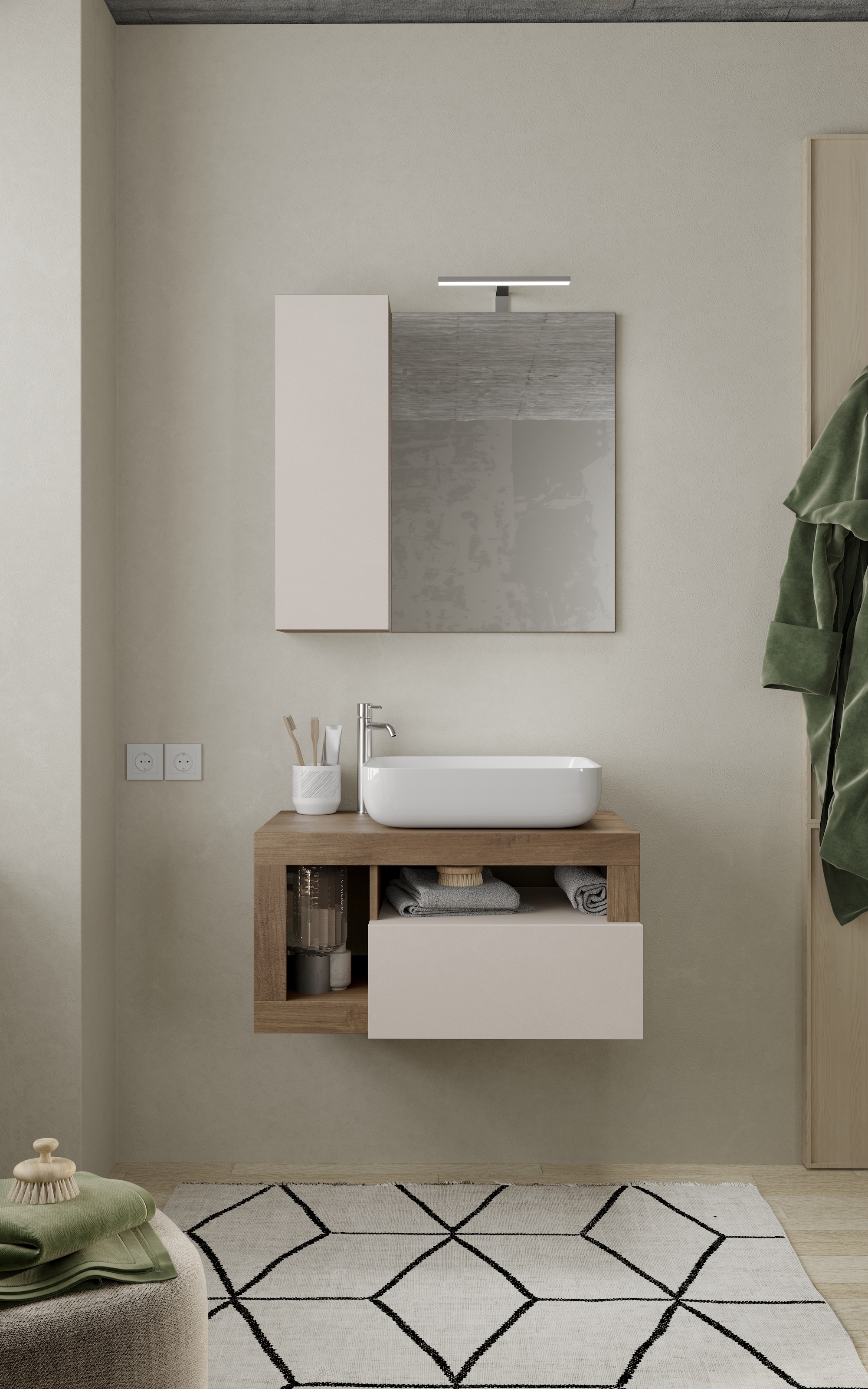 welltime Badmöbel-Set »Hamburg, Badezimmerset 2tlg. Breite 79 cm, Badmöbel, Waschtisch inkl.«, (Spar-Set, 2 St.), Waschbecken, Spiegelschrank mit LED Aufbauleuchte, Soft-Close-Funktion