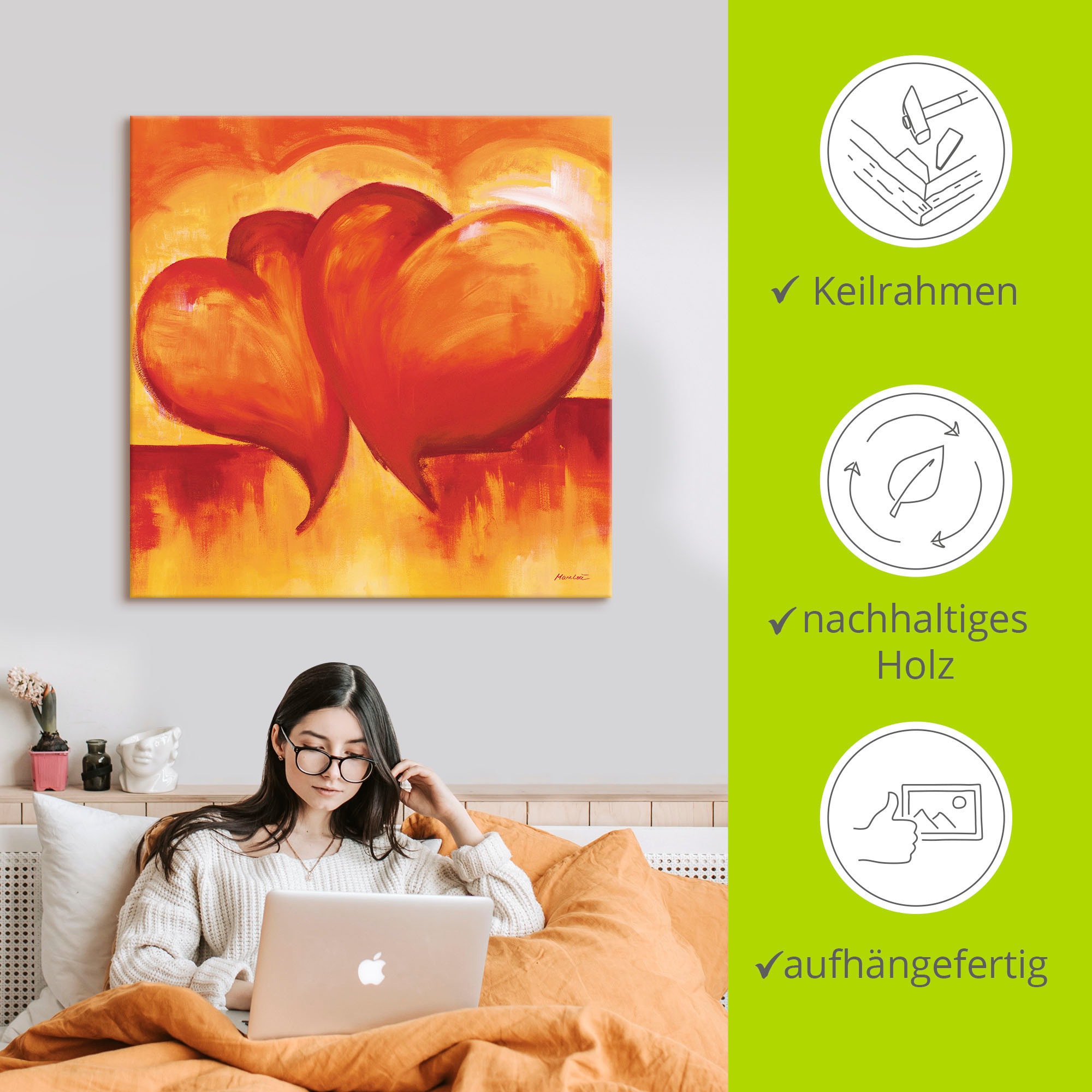 Artland Wandbild »Abstrakte Herzen - Orange«, Herzen, (1 St.), als Leinwandbild, Poster in verschied. Größen