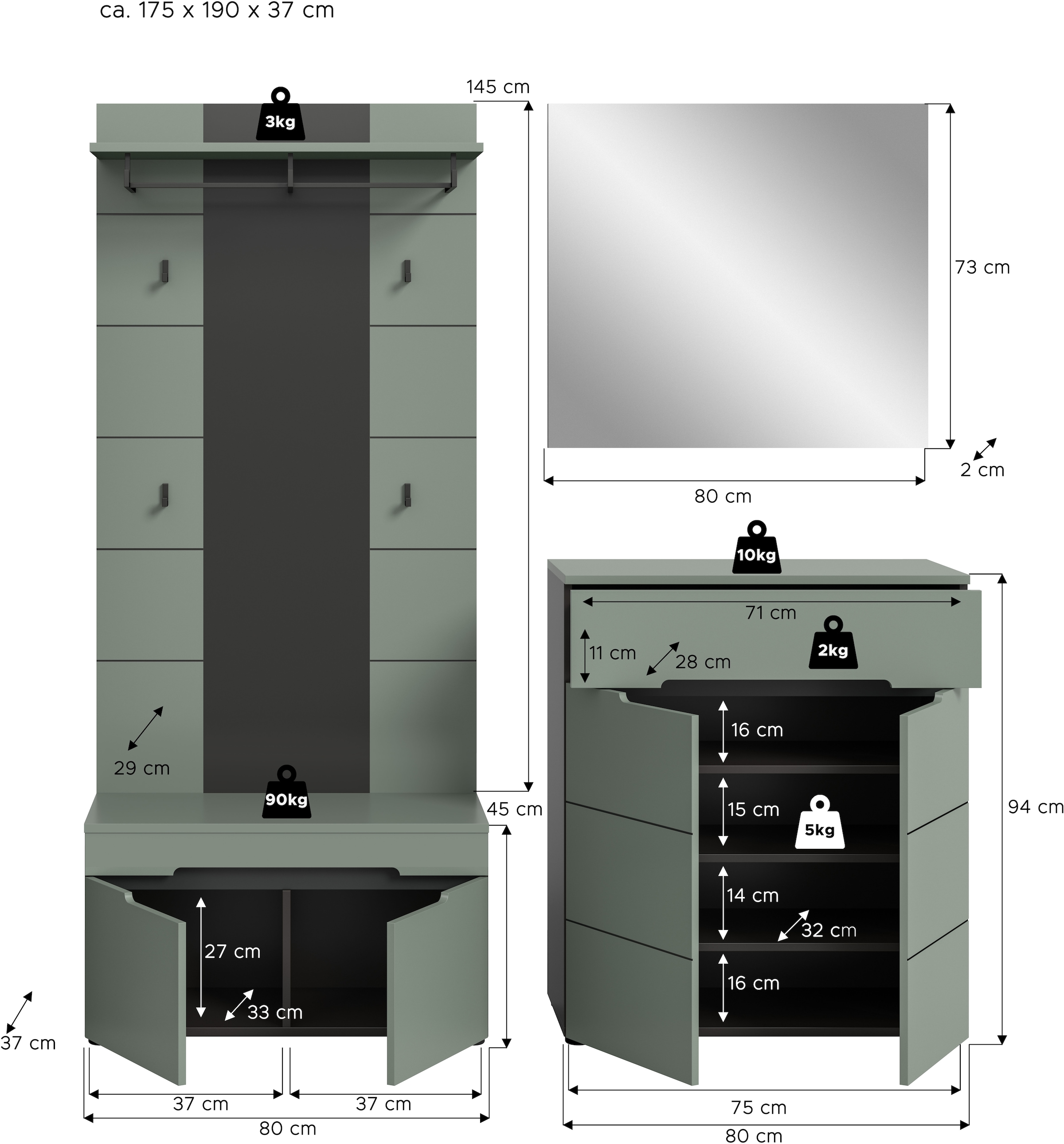 Home affaire Garderoben-Set »REHAT, TOPSELLER!, 4-teilig, Breite 175 cm, individuell erweiterbar« Set, bestehend aus: Sitzbank, Paneel, Spiegel und Kommode, 4 Stk. tlg.