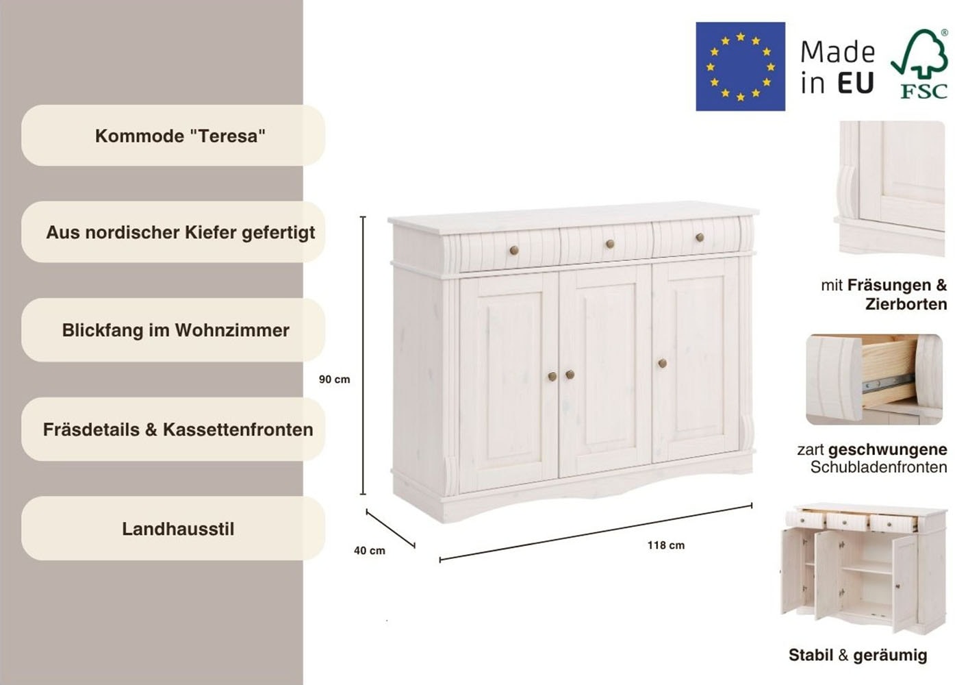 Home affaire Sideboard »Teresa«, (Maße (B/T/H): 118/40/90 cm), Kommode, 3-türig, Breite 118 cm, aus massiver Kiefer, FSC®