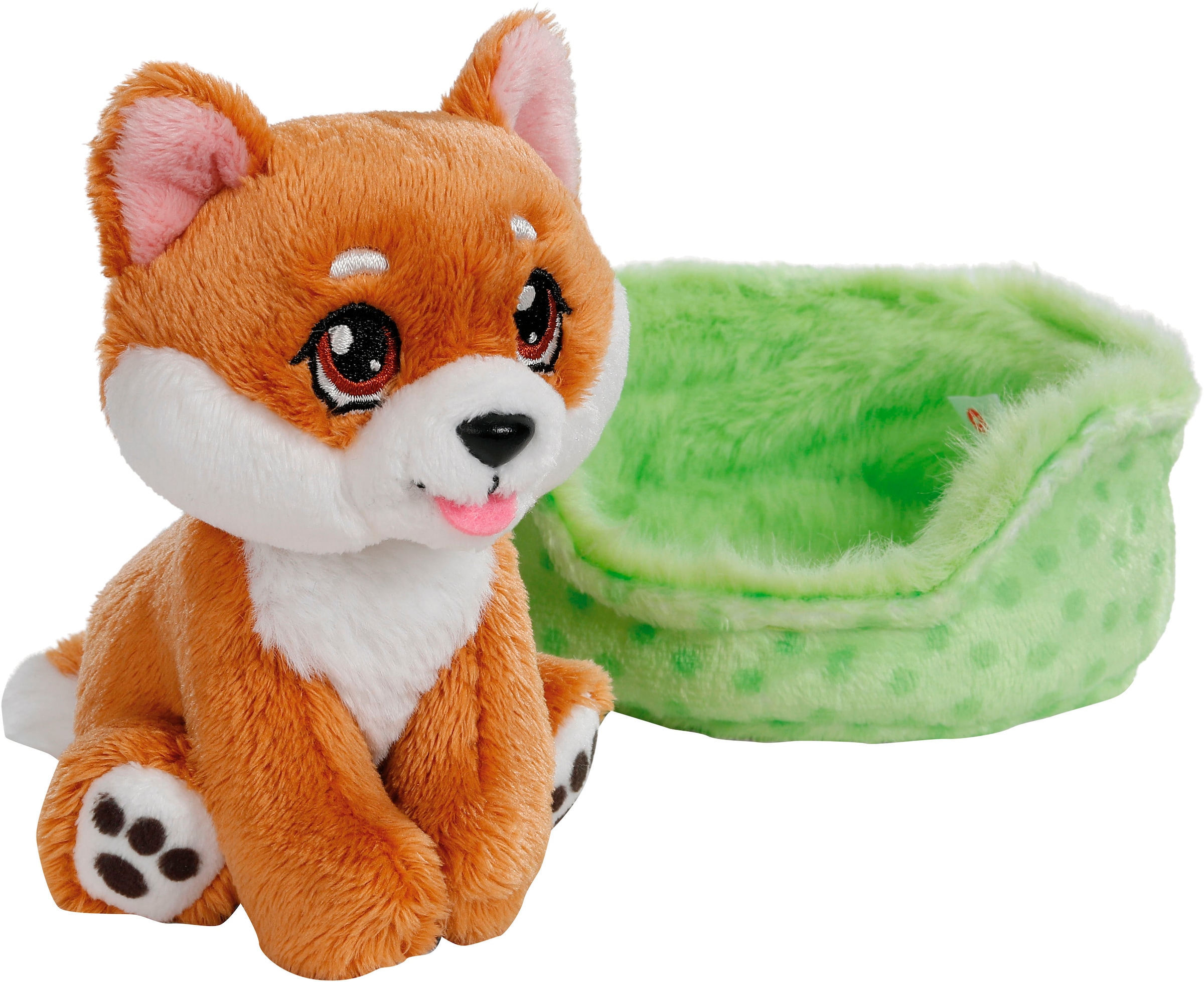 Nici Kuscheltier »Little Paws, Hund Shiba Inu, 12 cm, im Körbchen grün«