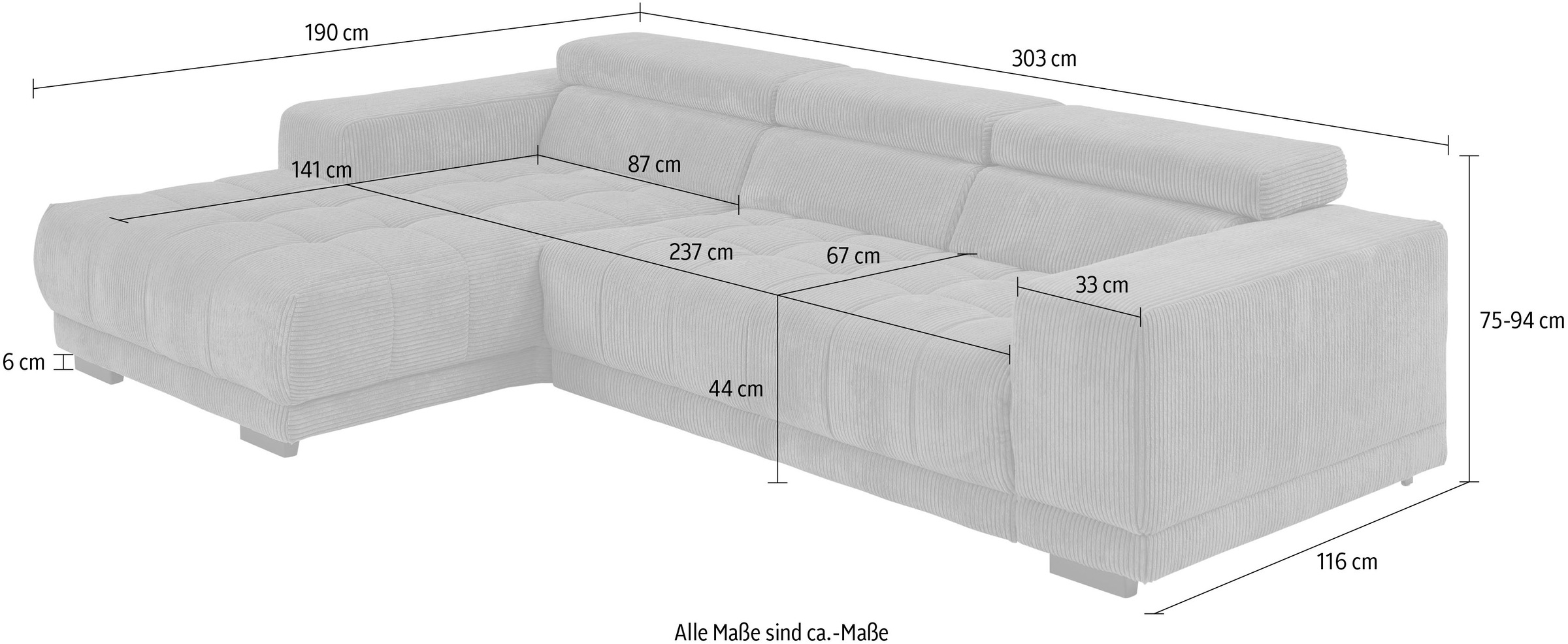 Die PlanBar Ecksofa »MP-IN15053 L-Form schmaler Schenkel«, mit Kopfteilverstellung, wahlweise mit manueller Vorziehbank